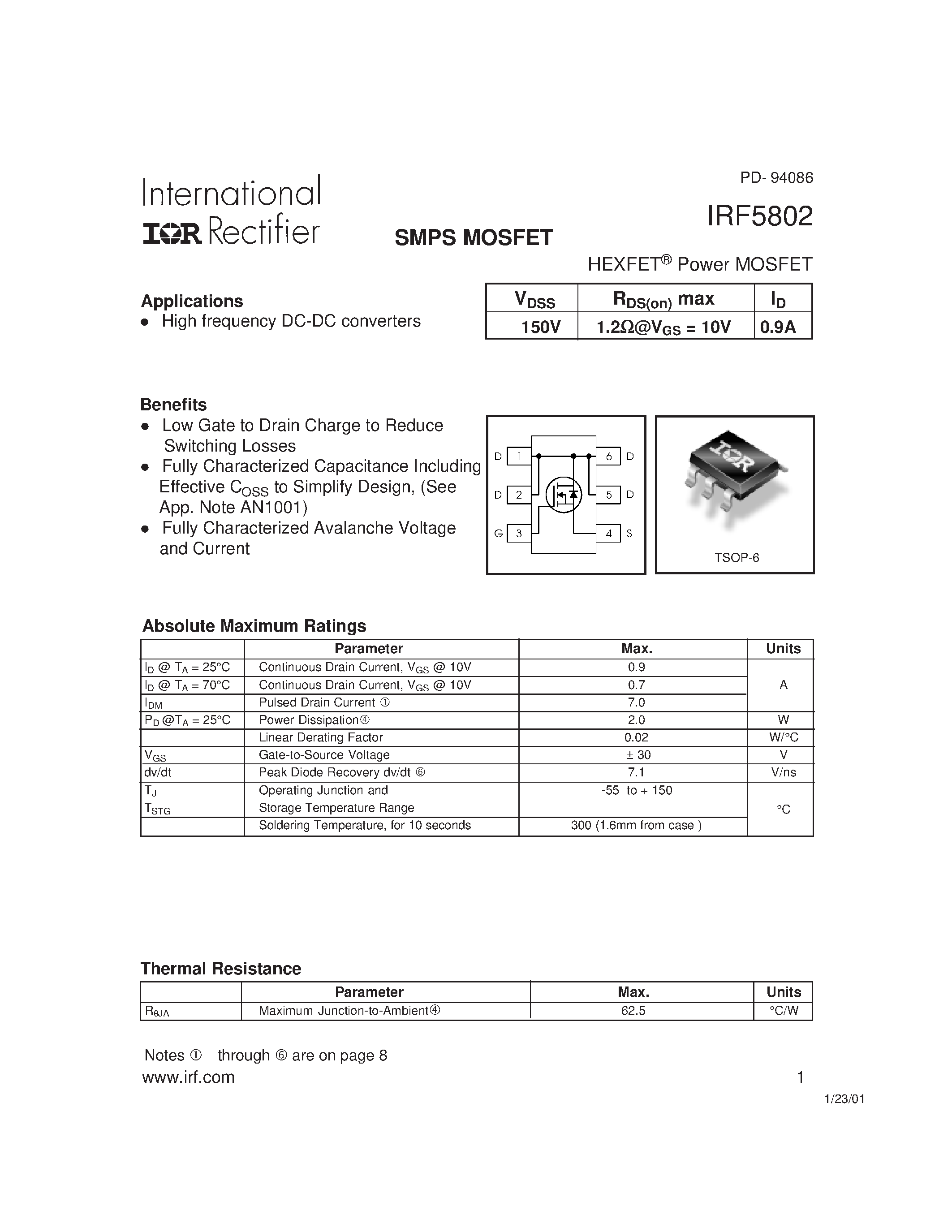 Datasheet IRF5802 - Power MOSFET(Vdss=150V/ Id=0.9A) page 1