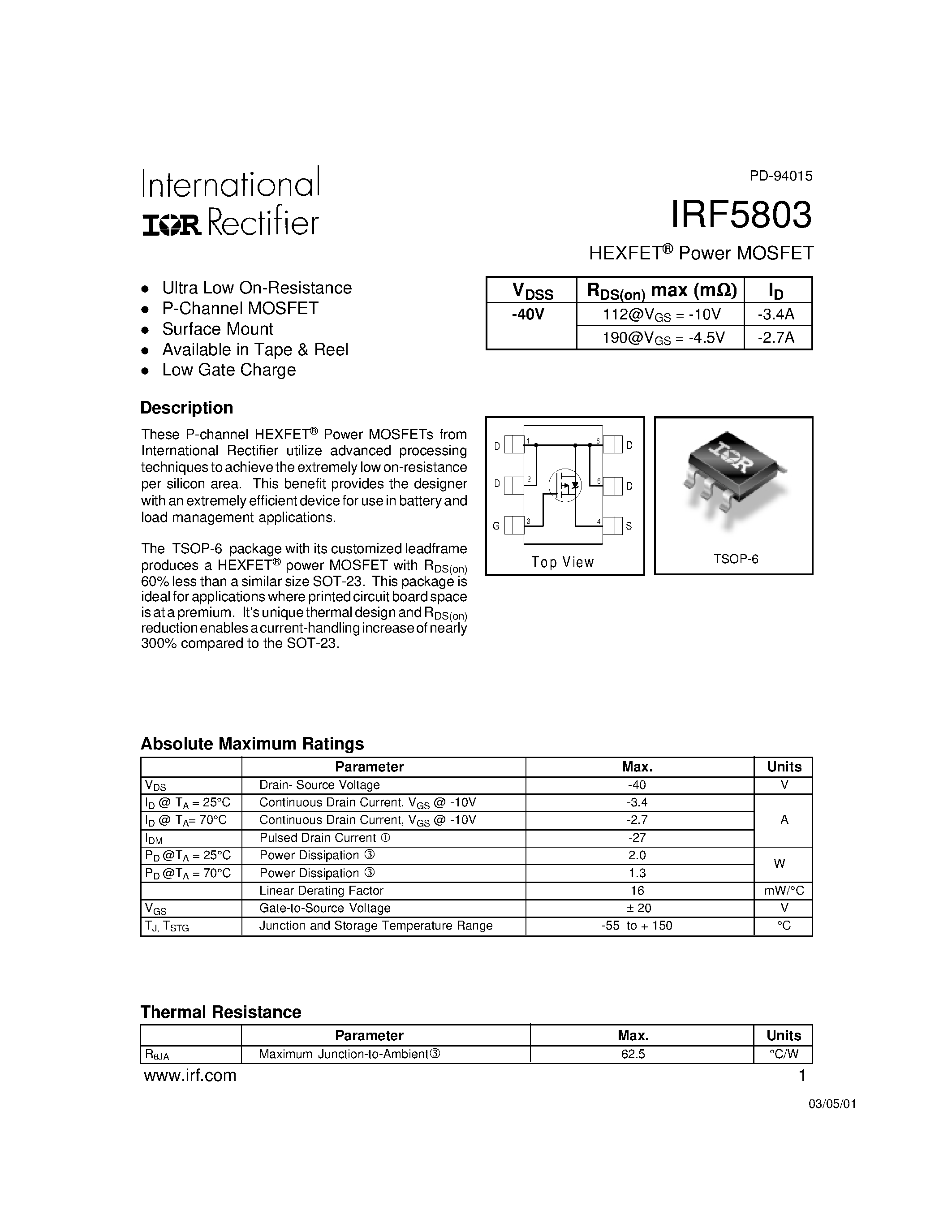 Datasheet IRF5803 page 1 Datasheet IRF5803 - Power MOSFET(Vdss=-40V) page 1