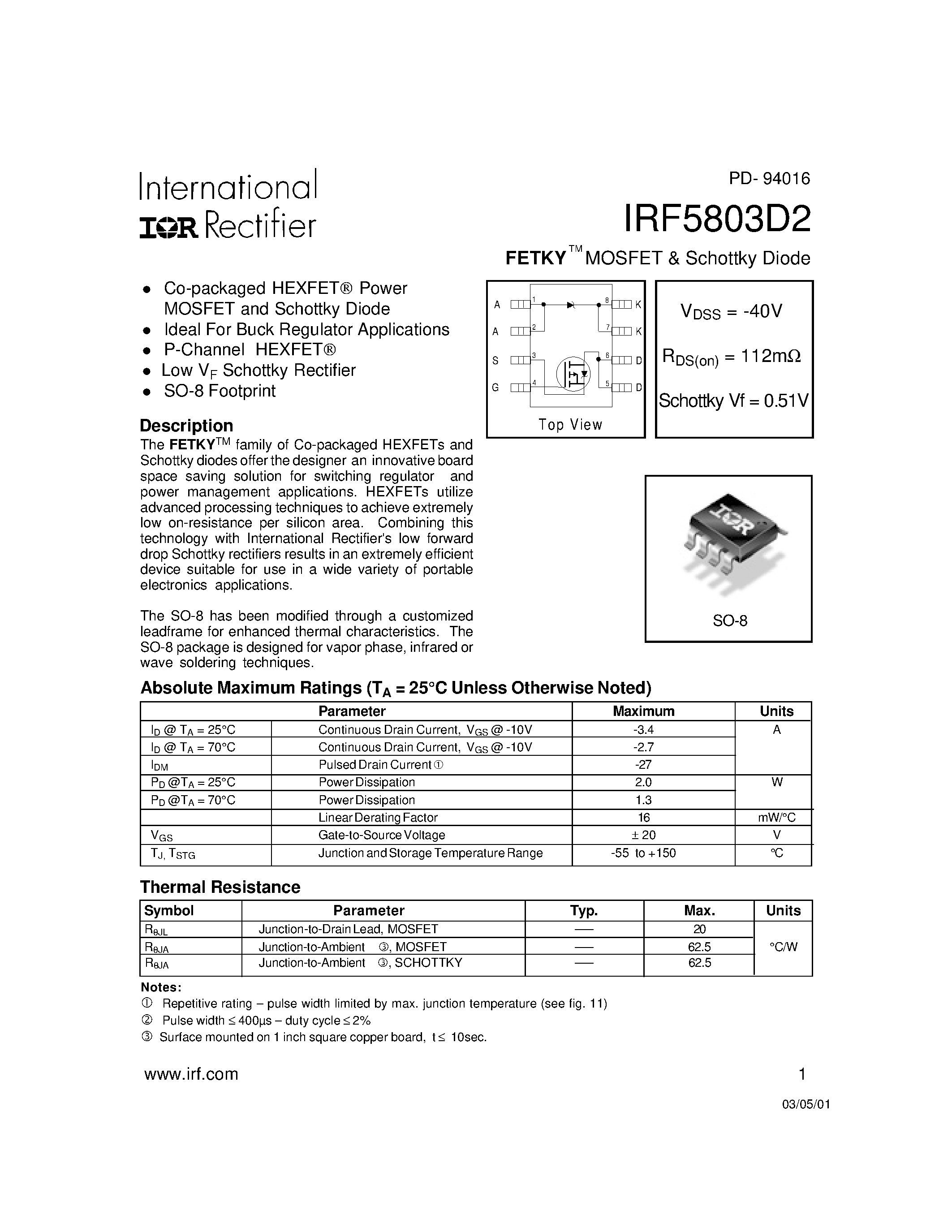 Datasheet IRF5803D2 - FETKY MOSFET & Schottky Diode(Vdss=-40V/ Rds(on)=112ohm) page 1