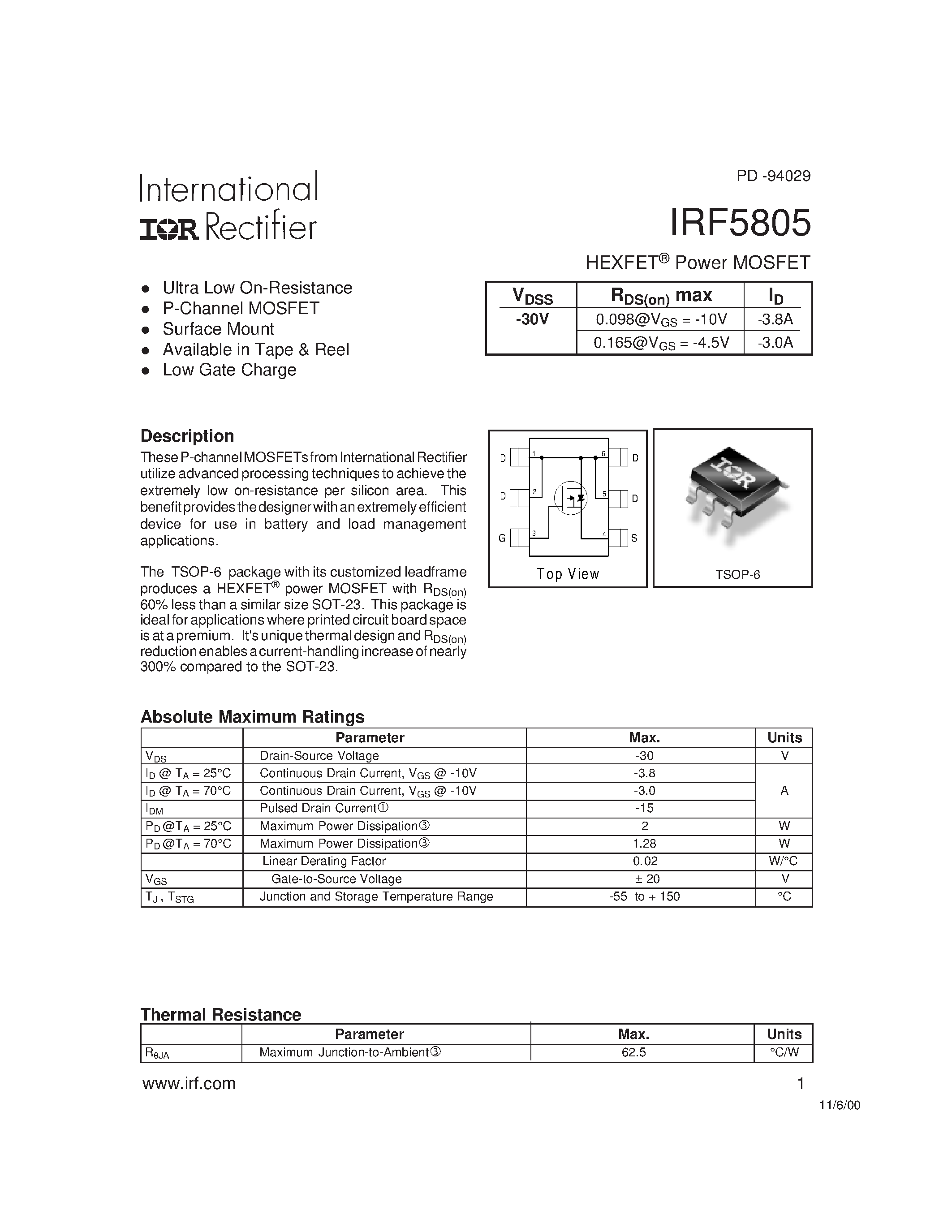 Datasheet IRF5805 - Power MOSFET(Vdss=-30V) page 1