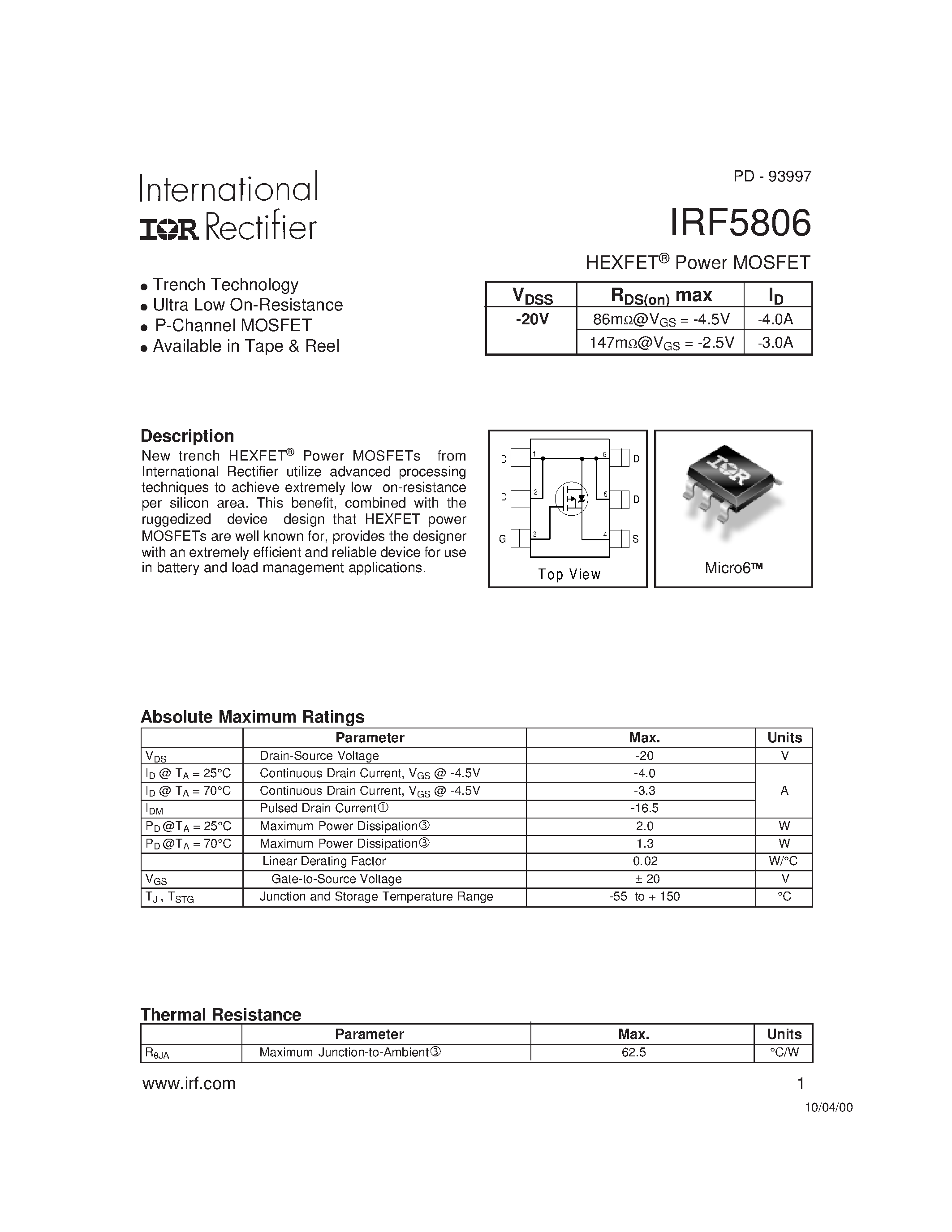 Datasheet IRF5806 page 1 Datasheet IRF5806 - Power MOSFET(Vdss=-20V) page 1