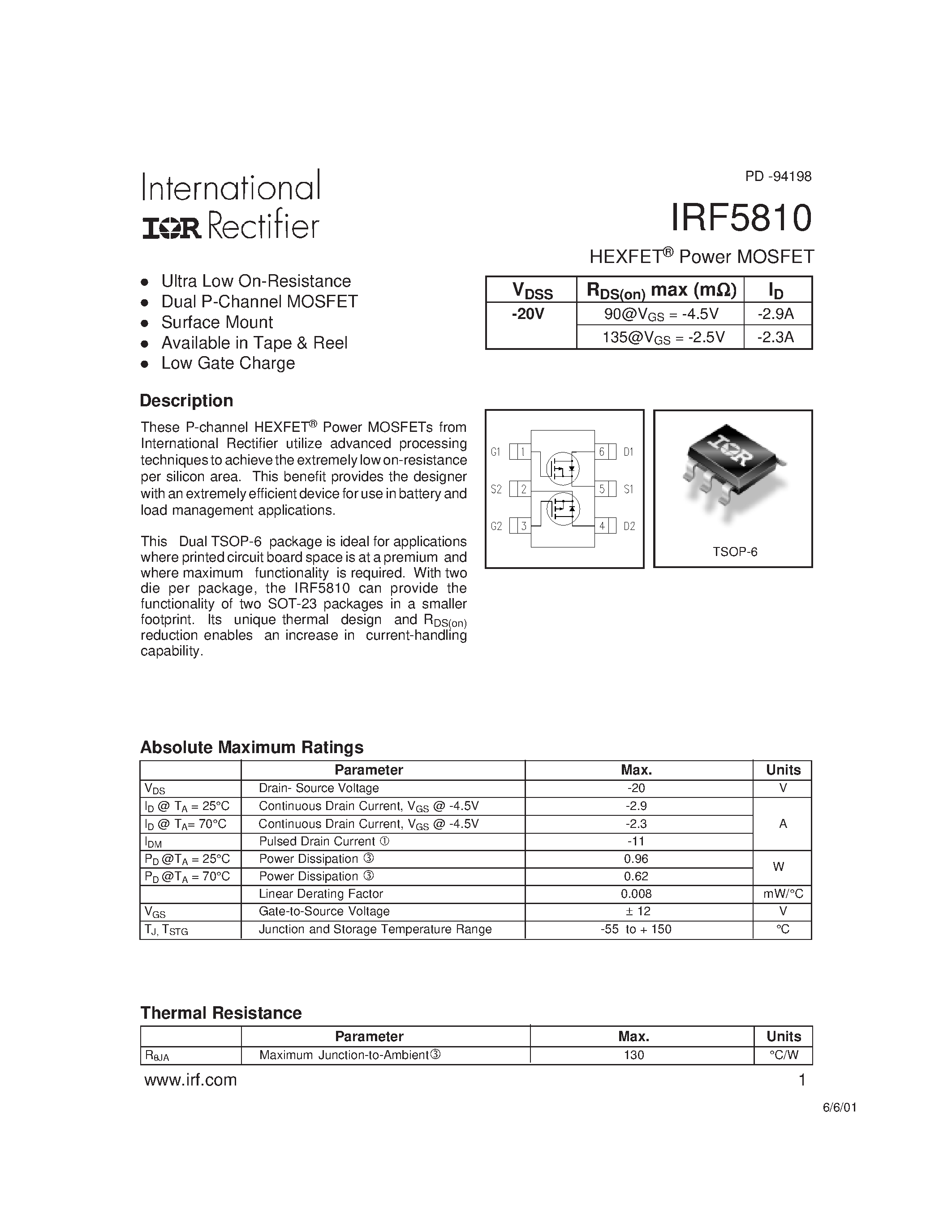 Datasheet IRF5810 - Power MOSFET(Vdss=-20V) page 1