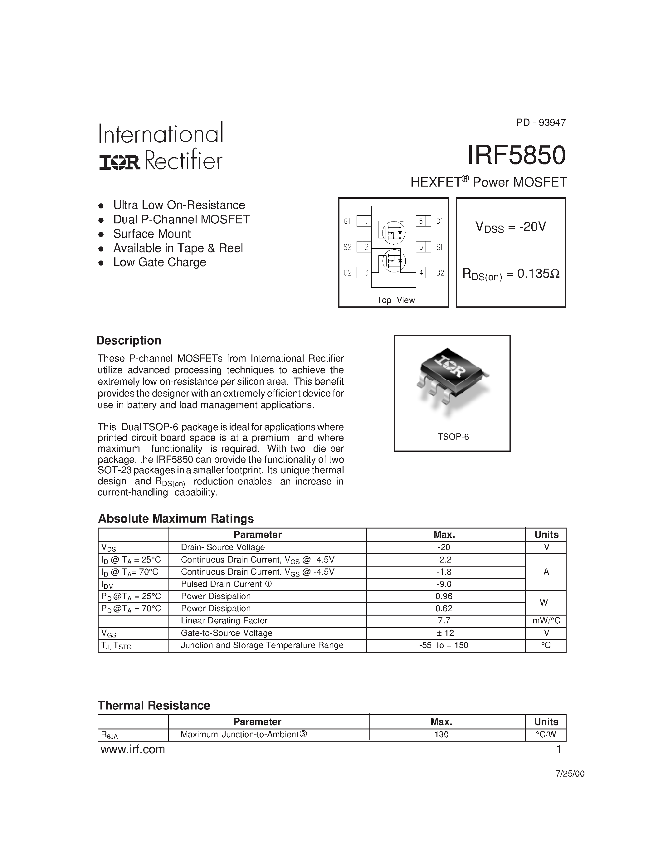 Datasheet IRF5850 - Power MOSFET(Vdss=-20V/ Rds(on)=0.135ohm) page 1