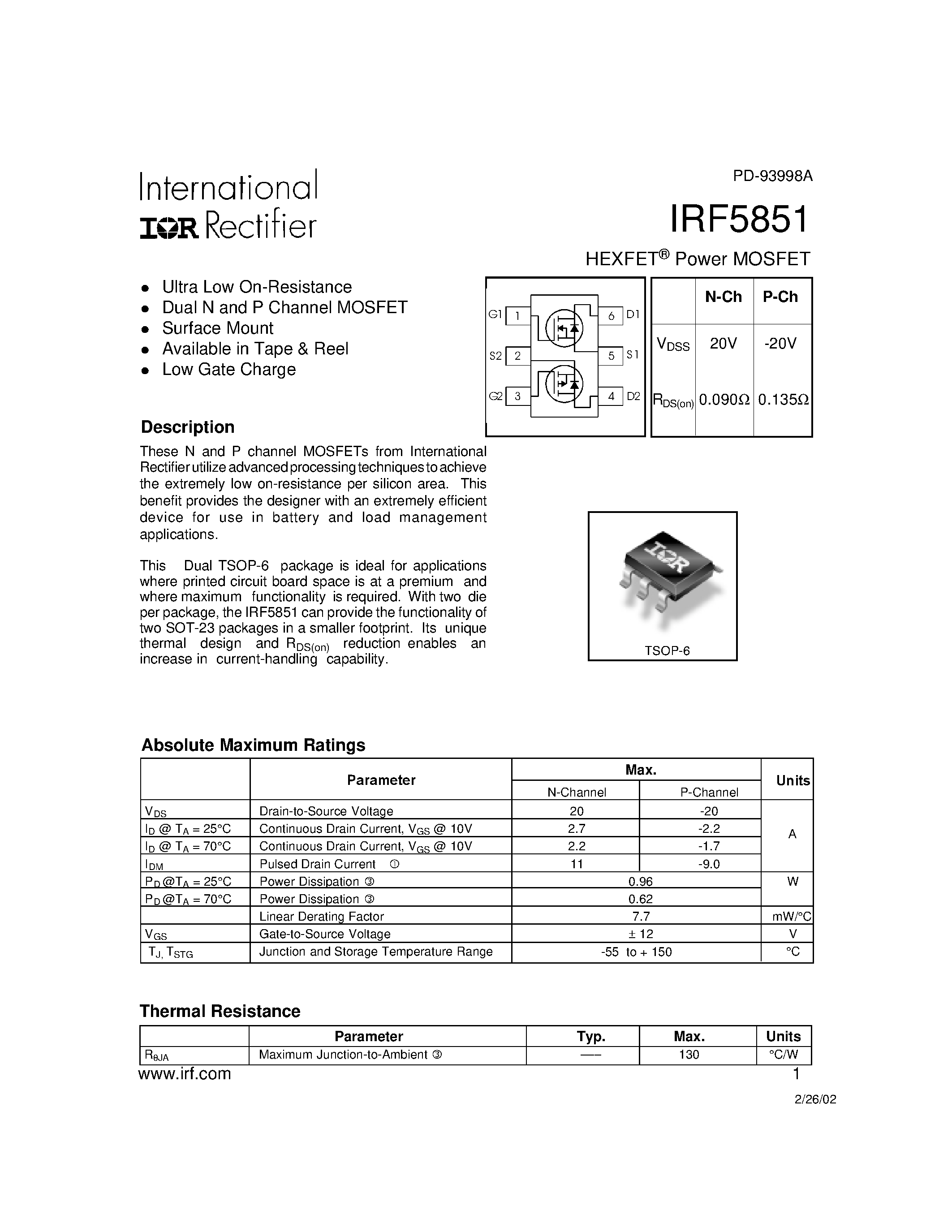 Datasheet IRF5851 page 1 Datasheet IRF5851 - Power MOSFET(Vdss = +-20 V) page 1