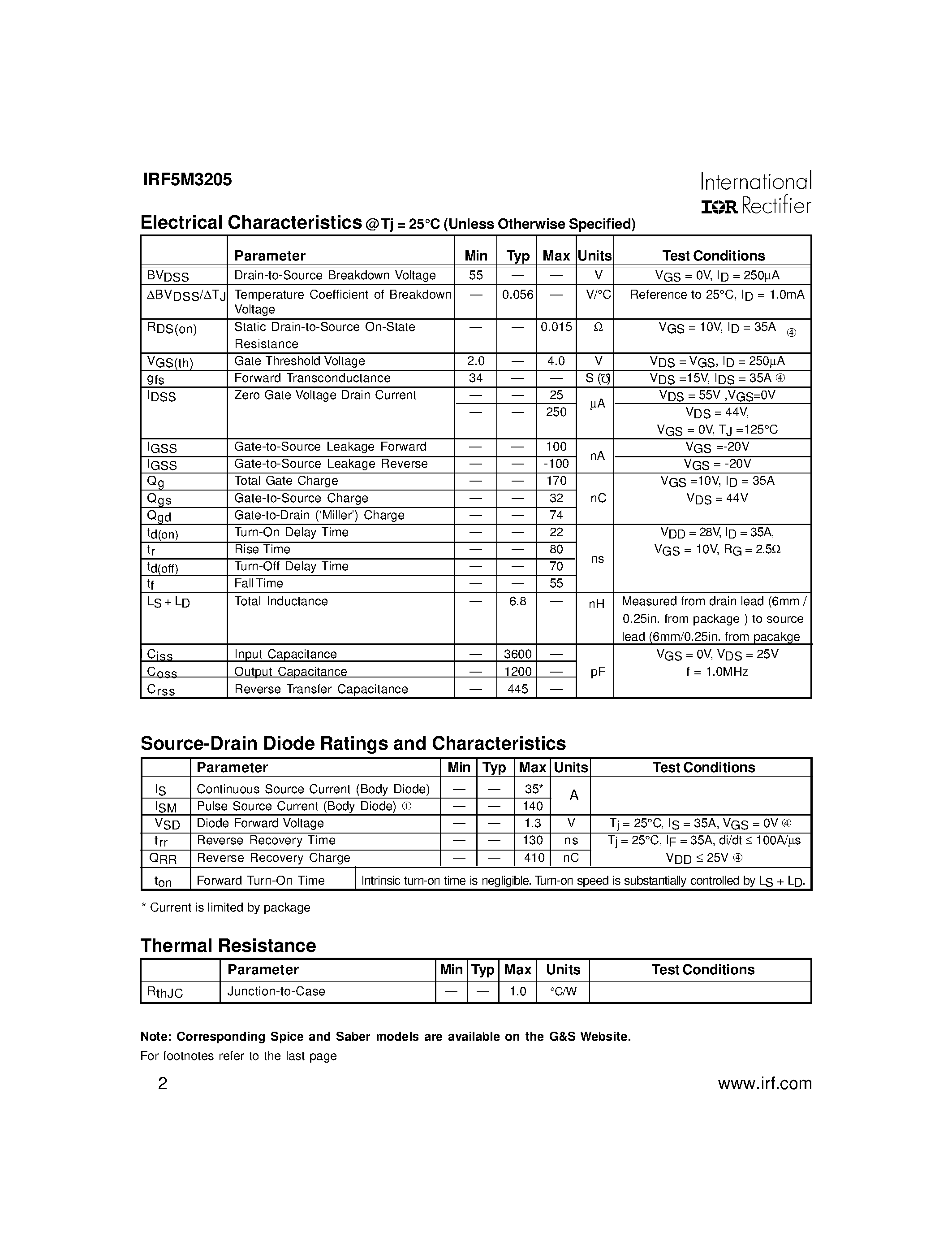 Datasheet IRF5M3205 - POWER MOSFET N-CHANNEL(Vdss=55V/ Rds(on)=0.015ohm/ Id=35A) page 2