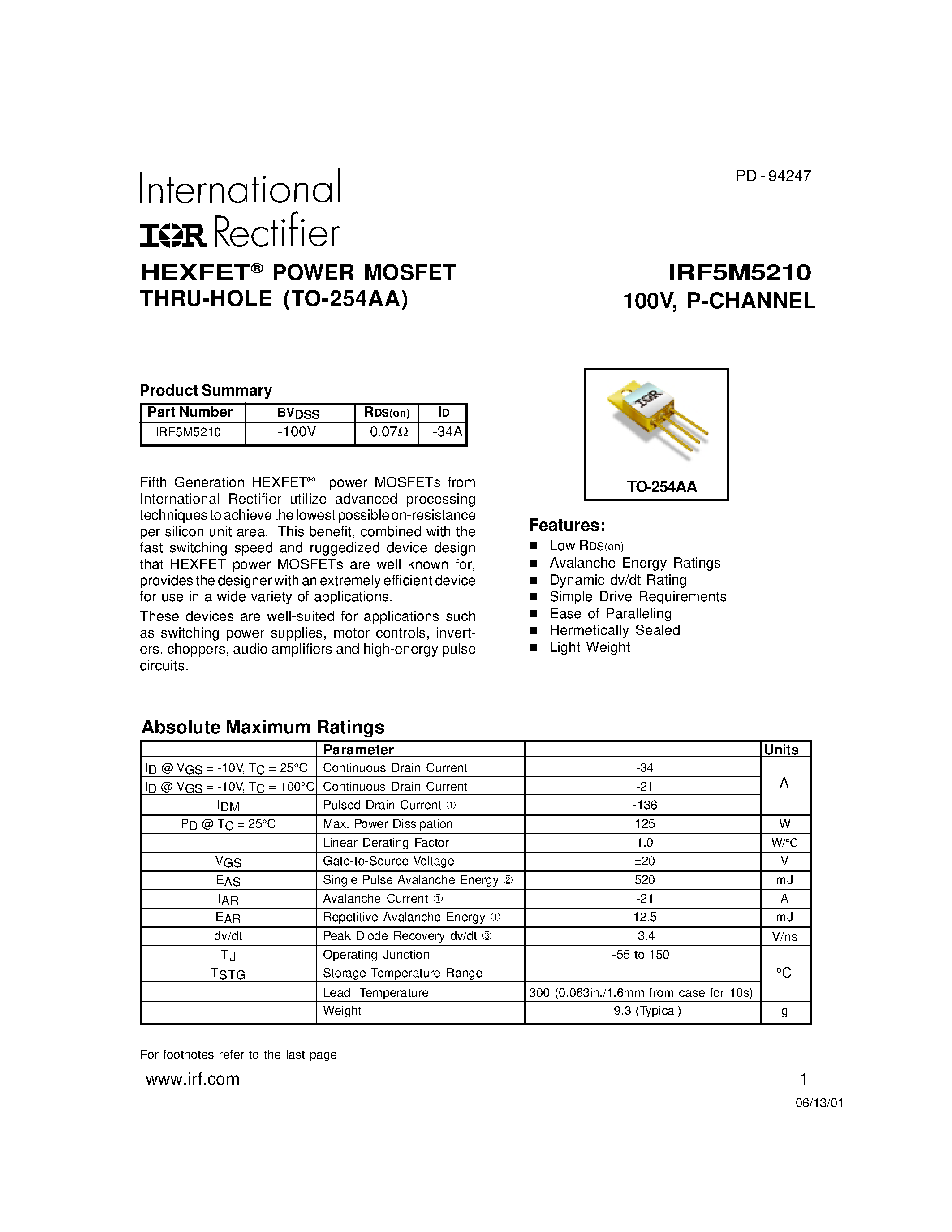 Datasheet IRF5M5210 - POWER MOSFET P-CHANNEL(Vdss=-100V/ Rds(on)=0.07ohm/ Id=-34A) page 1