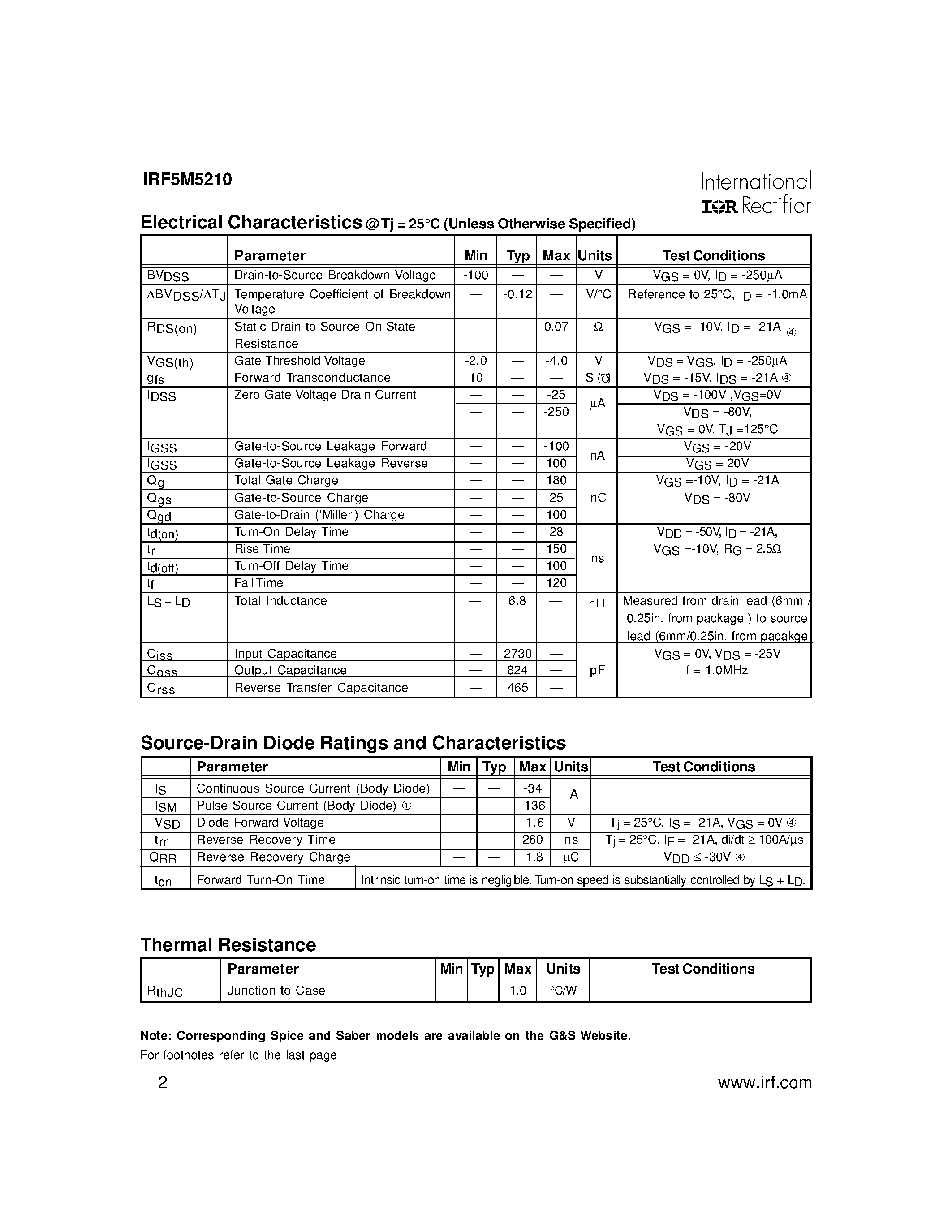 Datasheet IRF5M5210 - POWER MOSFET P-CHANNEL(Vdss=-100V/ Rds(on)=0.07ohm/ Id=-34A) page 2