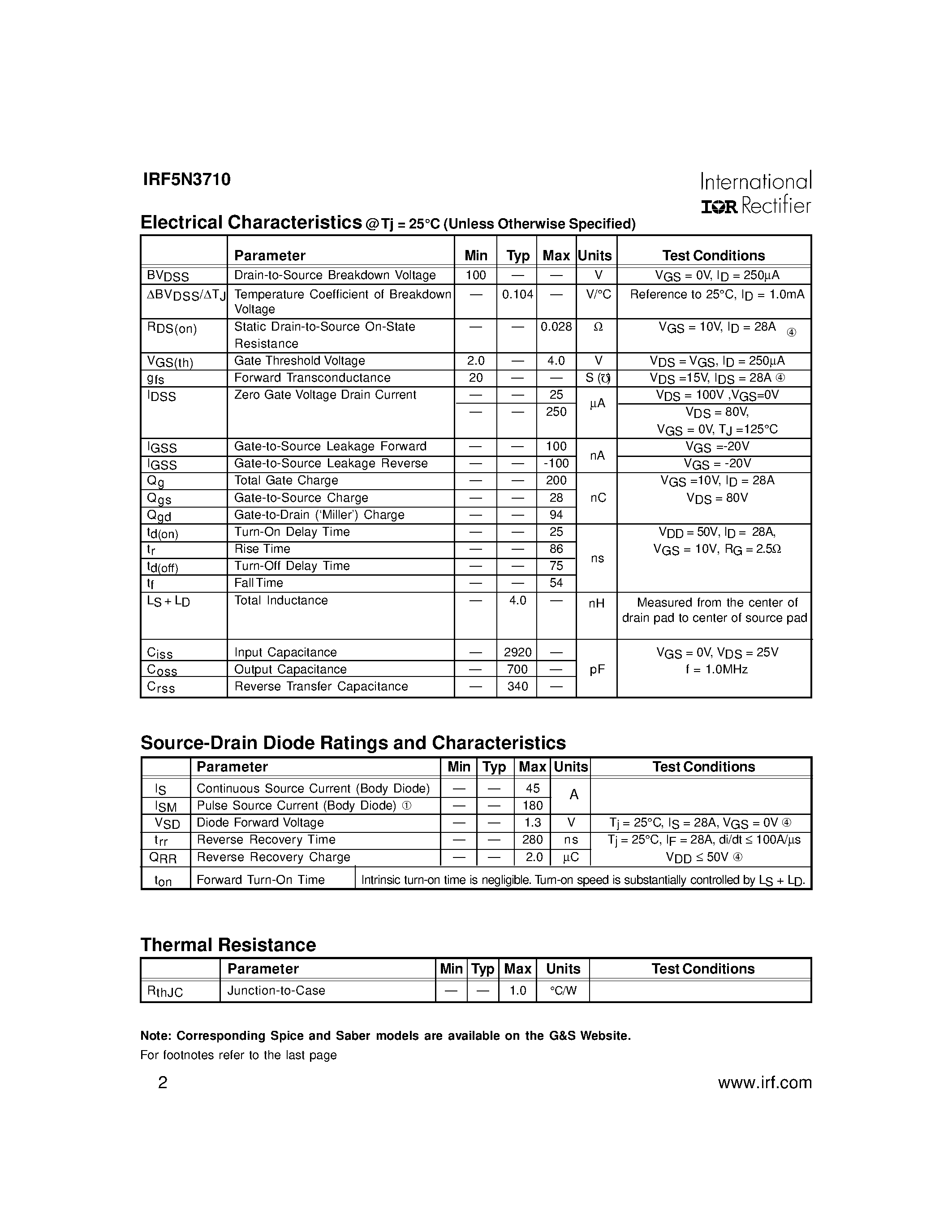 Datasheet IRF5N3710 - POWER MOSFET N-CHANNEL(Vdss=100V/ Rds(on)=0.028ohm/ Id=45A) page 2