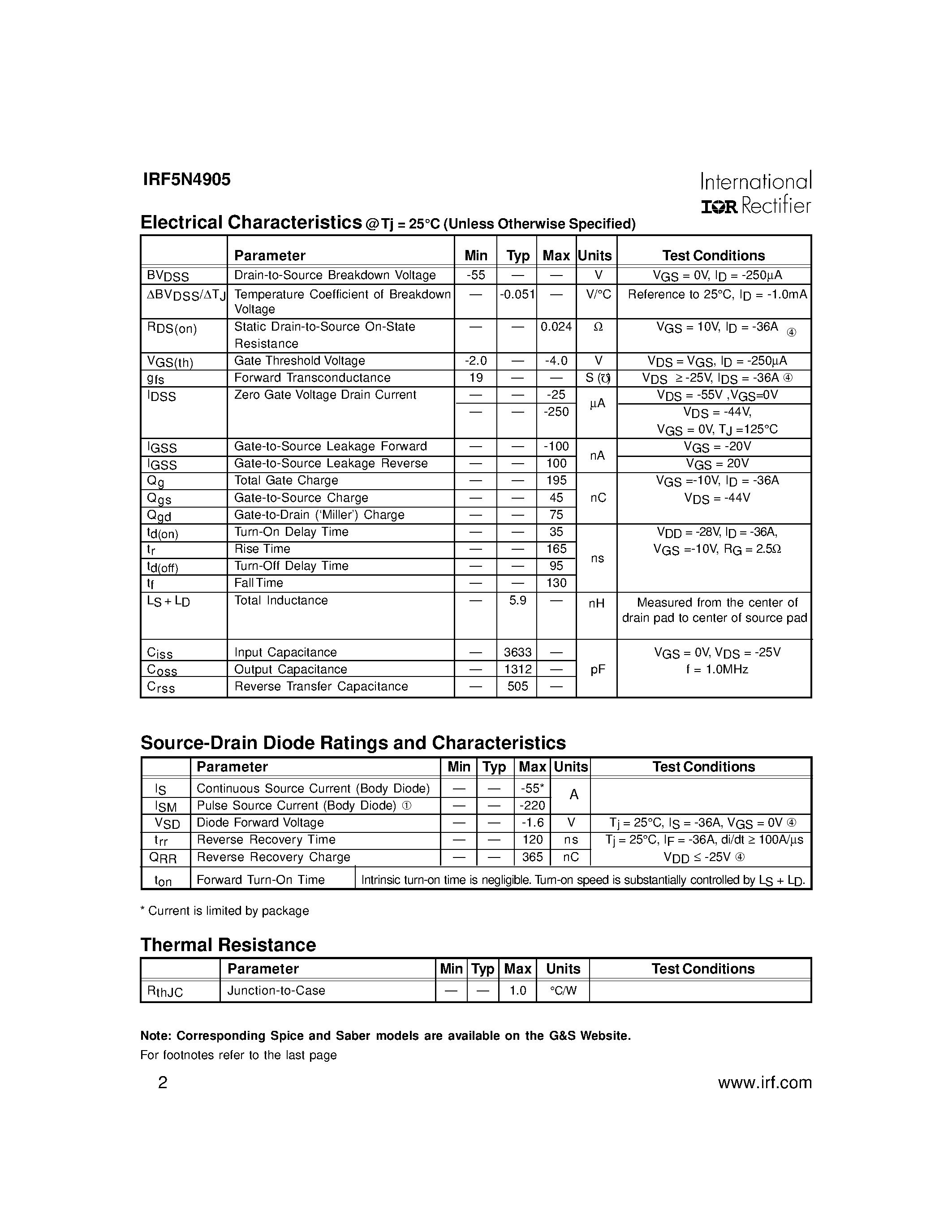 Datasheet IRF5N4905 page 2 Datasheet IRF5N4905 - POWER MOSFET P-CHANNEL(Vdss=-55V/ Rds(on)=0.024ohm/ Id=-55A*) page 2