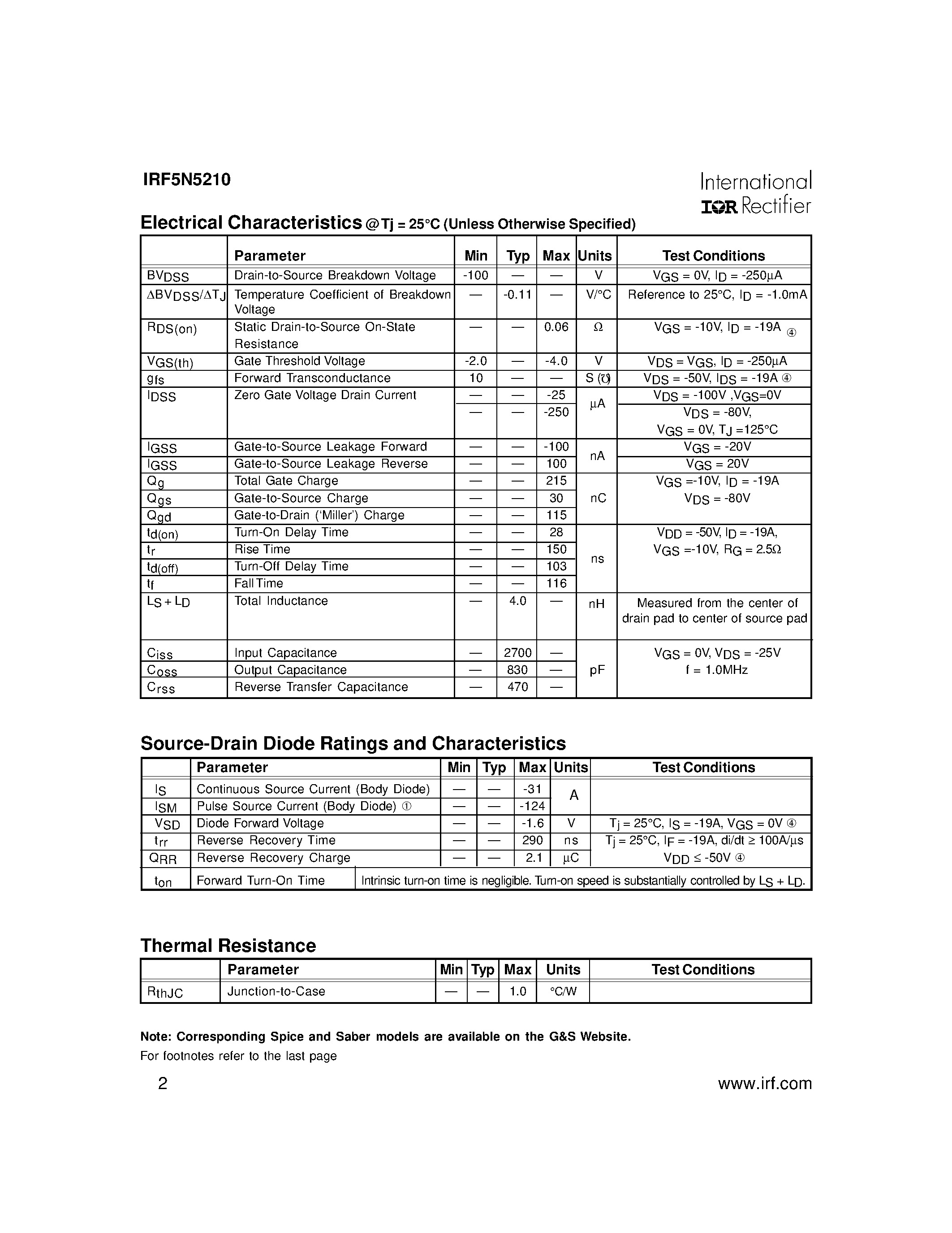 Datasheet IRF5N5210 page 2 Datasheet IRF5N5210 - POWER MOSFET P-CHANNEL(Vdss=-100V/ Rds(on)=0.060ohm/ Id=-31A) page 2