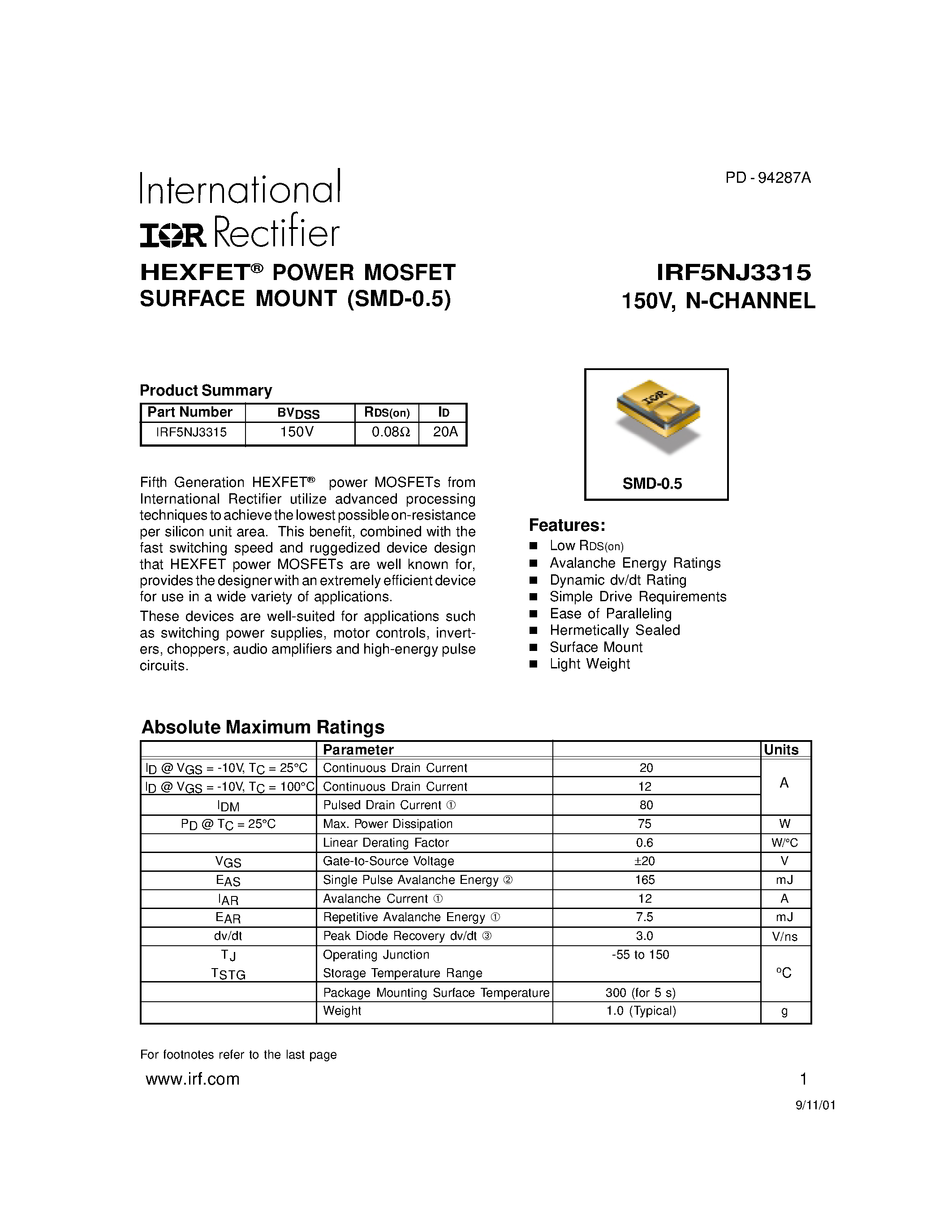 Datasheet IRF5NJ3315 page 1 Datasheet IRF5NJ3315 - POWER MOSFET N-CHANNEL(Vdss=150V/ Rds(on)=0.08ohm/ Id=20A) page 1