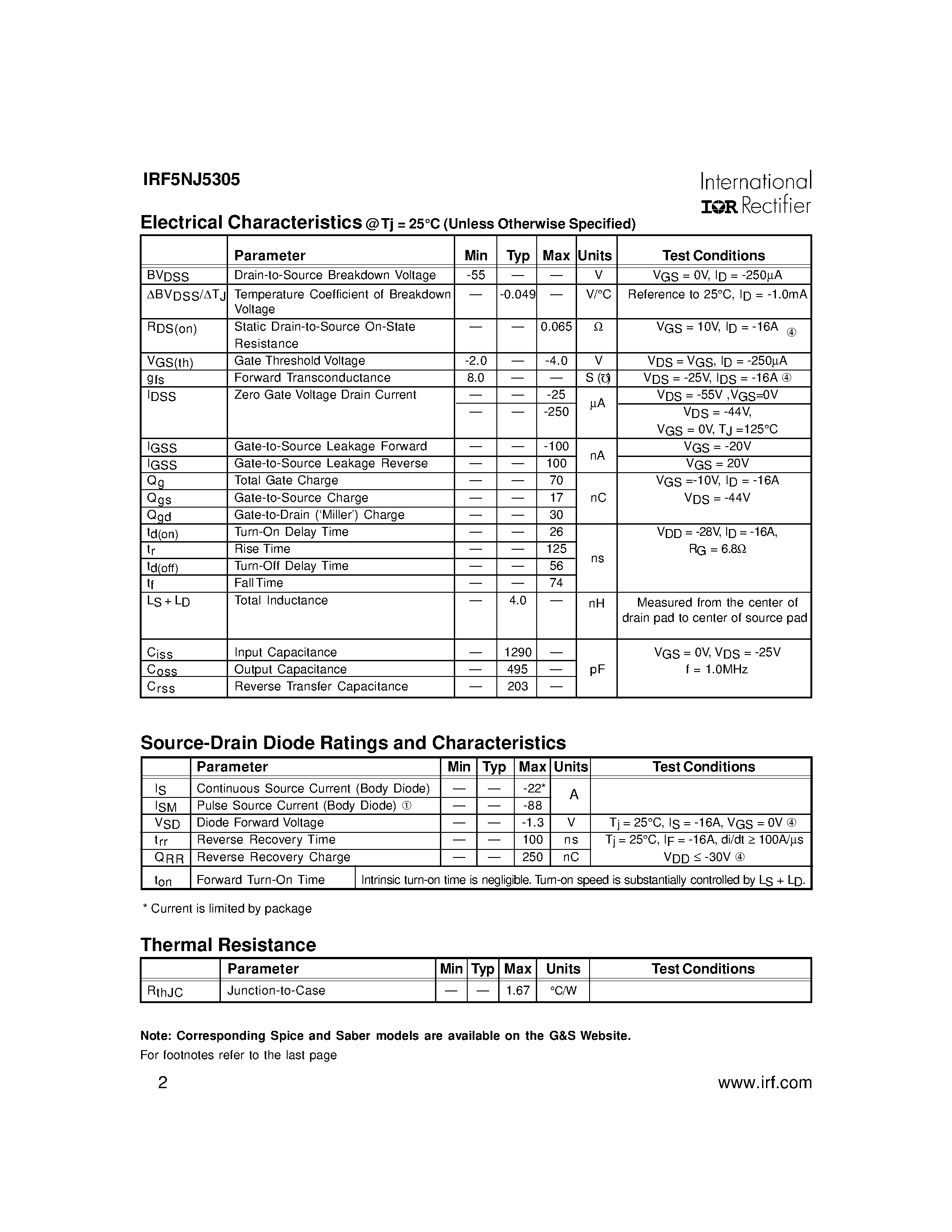 Datasheet IRF5NJ5305 page 2 Datasheet IRF5NJ5305 - POWER MOSFET P-CHANNEL(Vdss=-55V/ Rds(on)=0.065ohm/ Id=-22A*) page 2