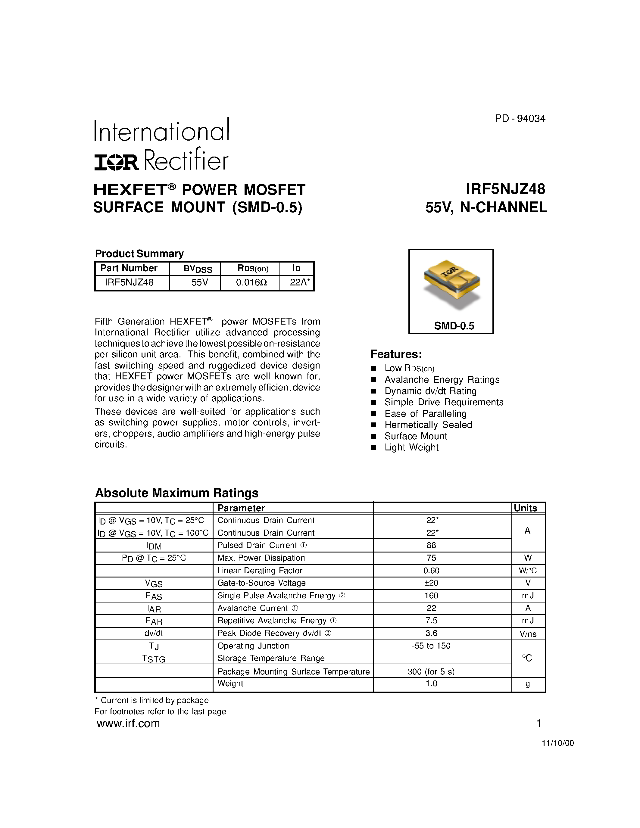 Datasheet IRF5NJZ48 page 1 Datasheet IRF5NJZ48 - POWER MOSFET N-CHANNEL(Vdss=55V/ Rds(on)=0.016ohm/ Id=22A*) page 1