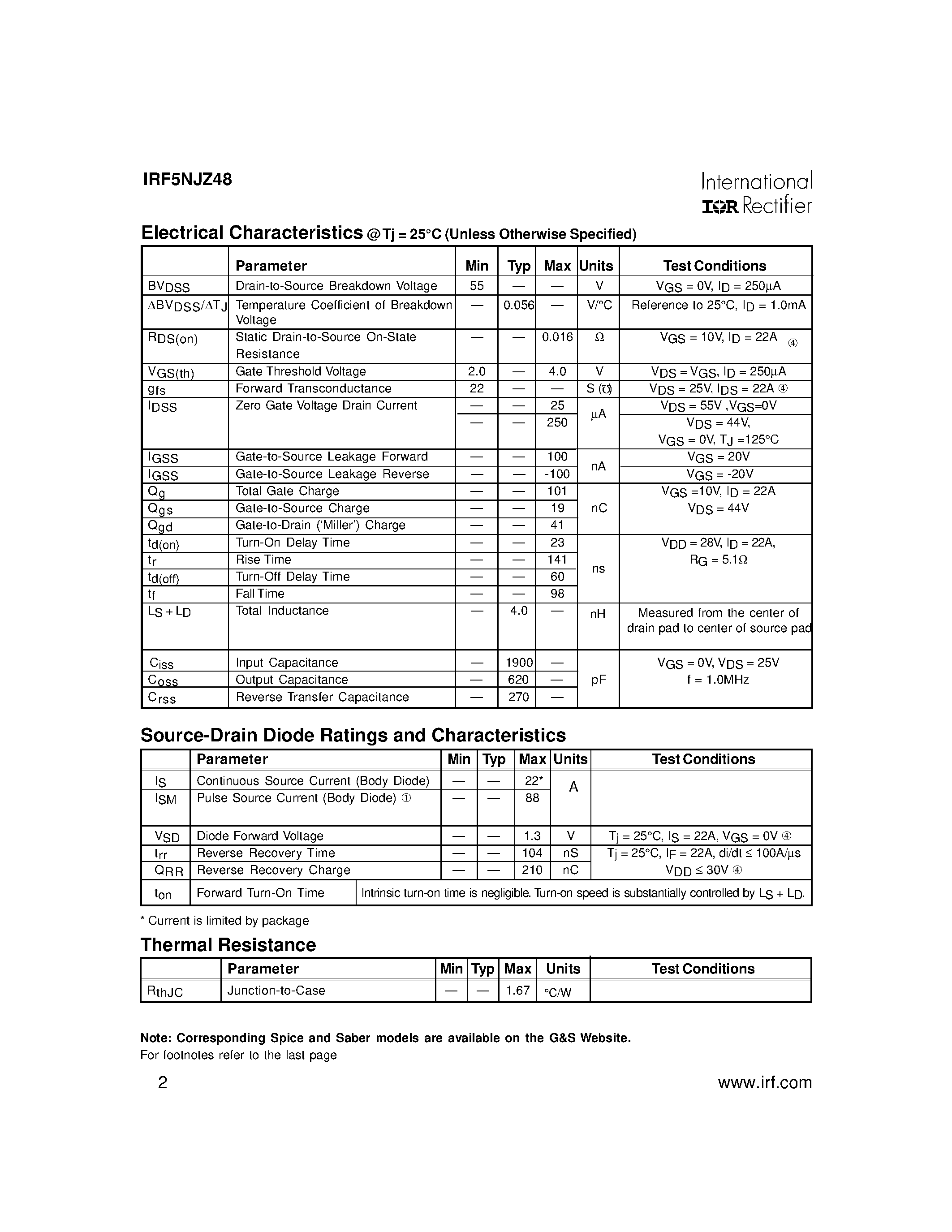Datasheet IRF5NJZ48 page 2 Datasheet IRF5NJZ48 - POWER MOSFET N-CHANNEL(Vdss=55V/ Rds(on)=0.016ohm/ Id=22A*) page 2