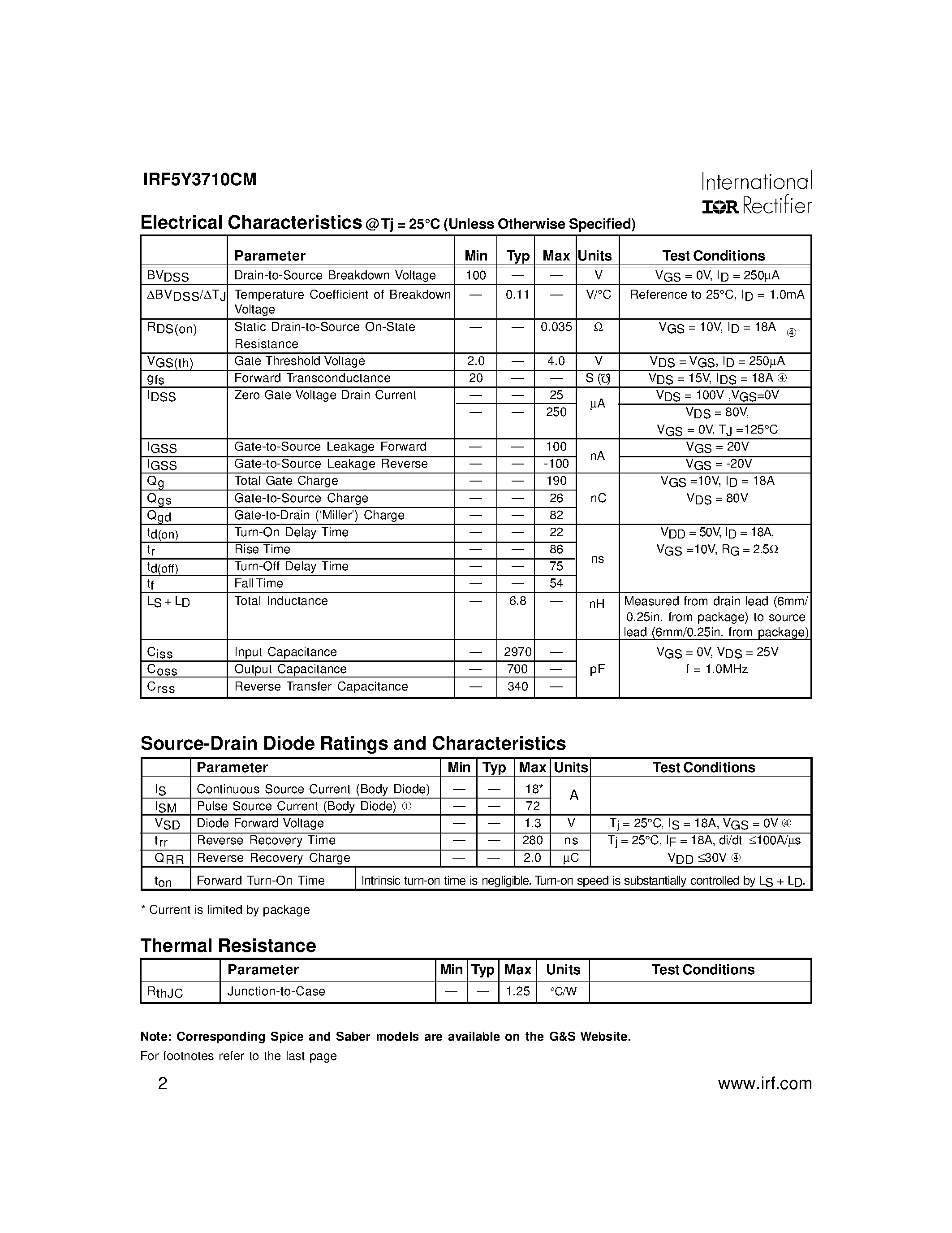 Datasheet IRF5Y3710CM page 2 Datasheet IRF5Y3710CM - POWER MOSFET N-CHANNEL(Vdss=100V/ Rds(on)=0.035ohm/ Id=18A*) page 2