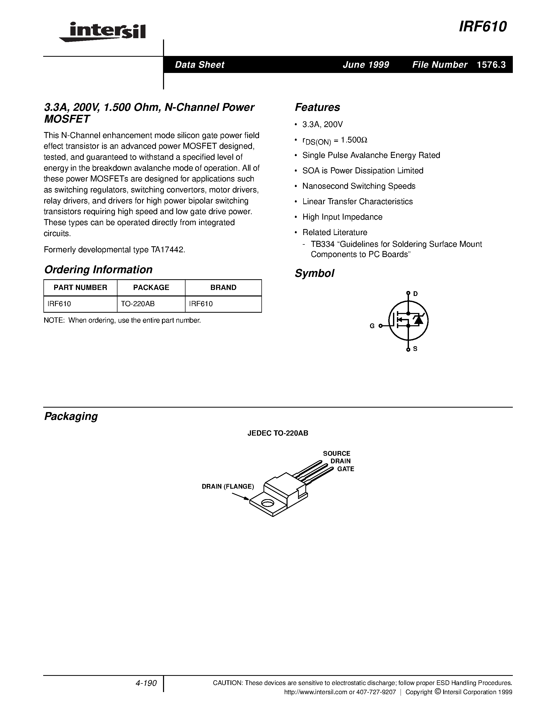 Datasheet IRF610 - 3.3A/ 200V/ 1.500 Ohm/ N-Channel Power MOSFET page 1