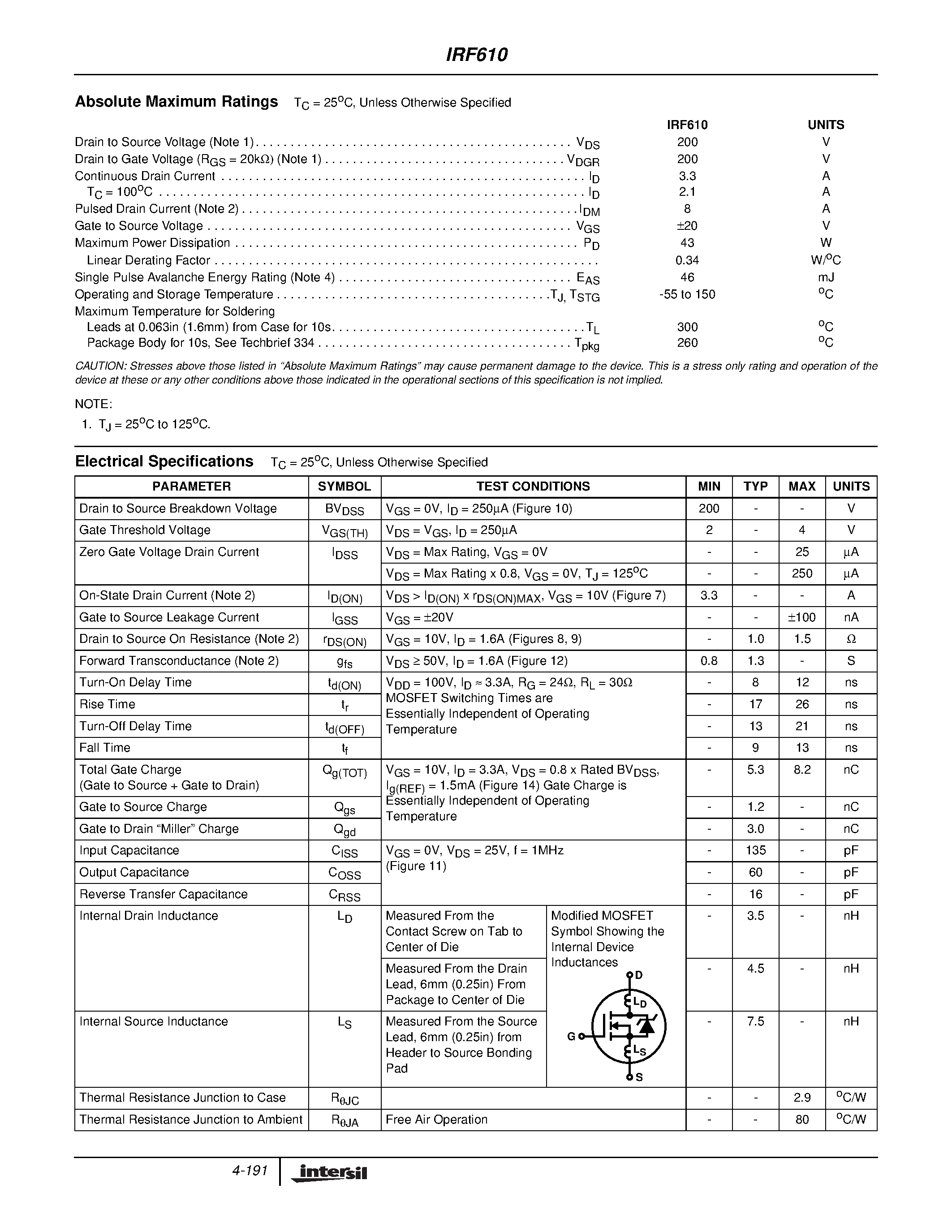 Datasheet IRF610 - 3.3A/ 200V/ 1.500 Ohm/ N-Channel Power MOSFET page 2
