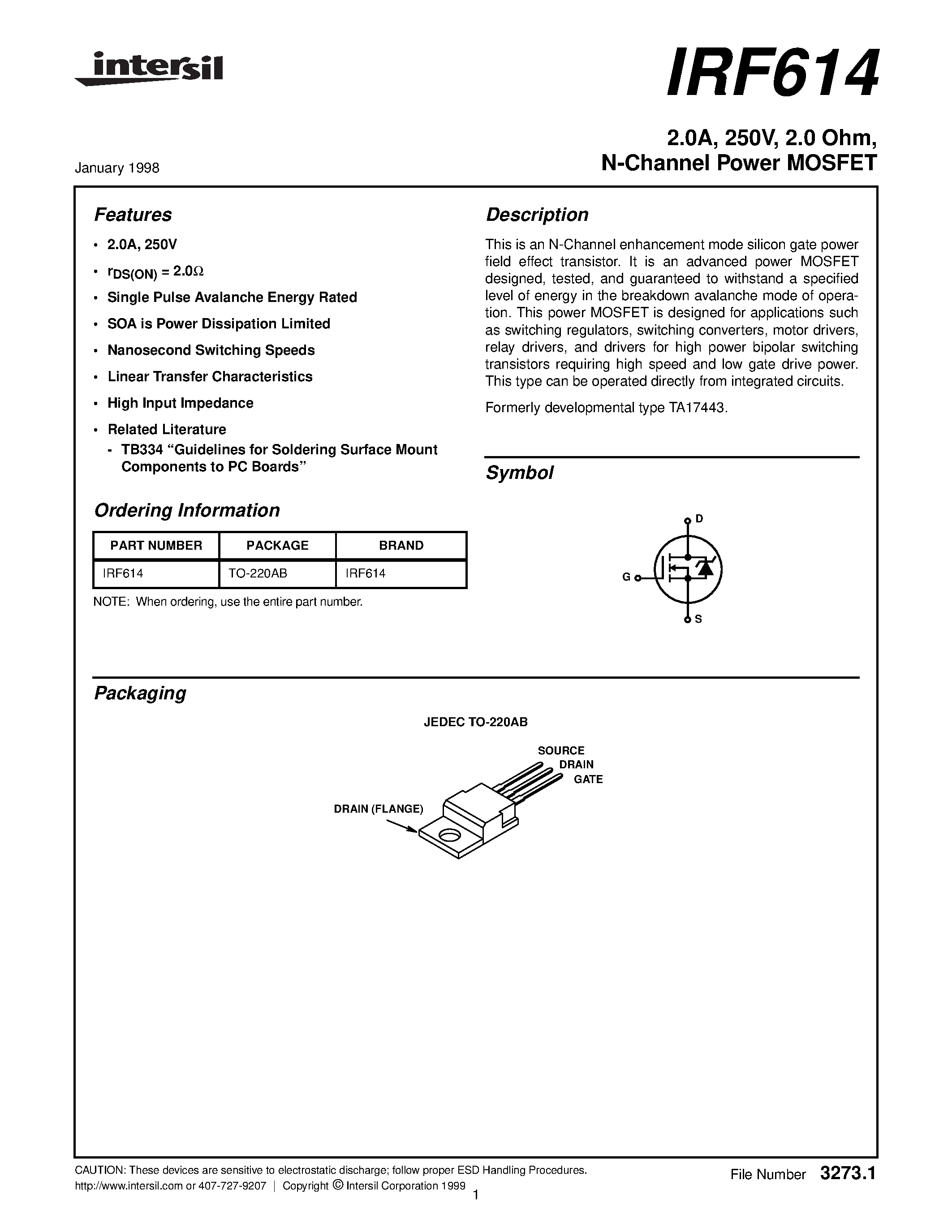 Datasheet IRF614 - 2.0A/ 250V/ 2.0 Ohm/ N-Channel Power MOSFET page 1