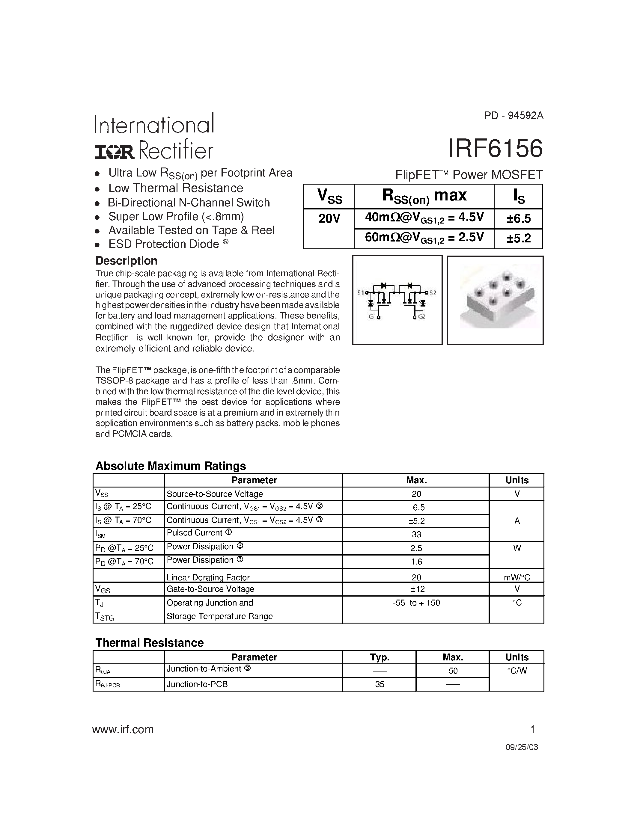 Datasheet IRF6156 - FlipFET Power MOSFET page 1