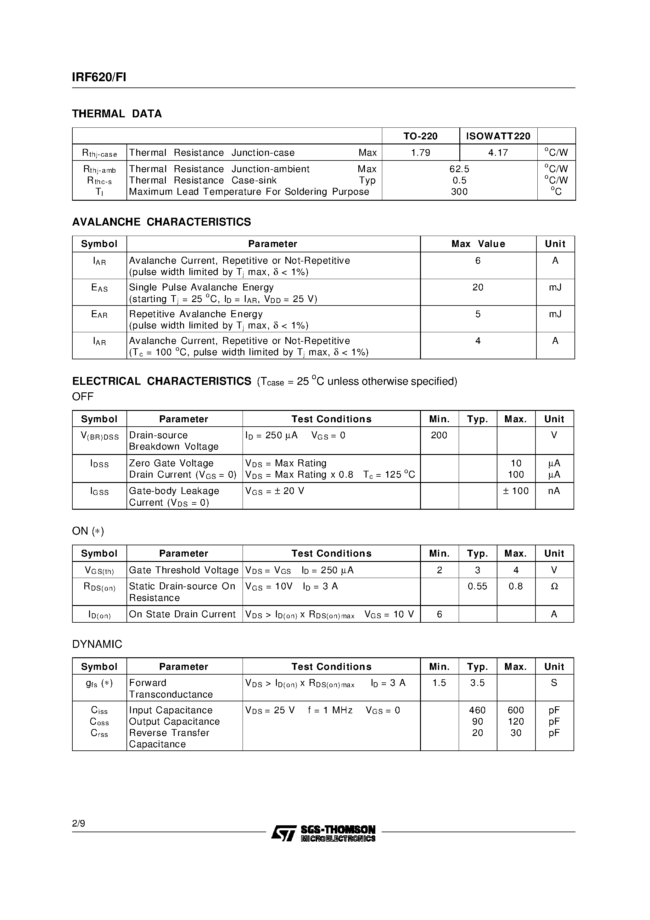 Datasheet IRF620 page 2 Datasheet IRF620 - N - CHANNEL ENHANCEMENT MODE POWER MOS TRANSISTORS page 2
