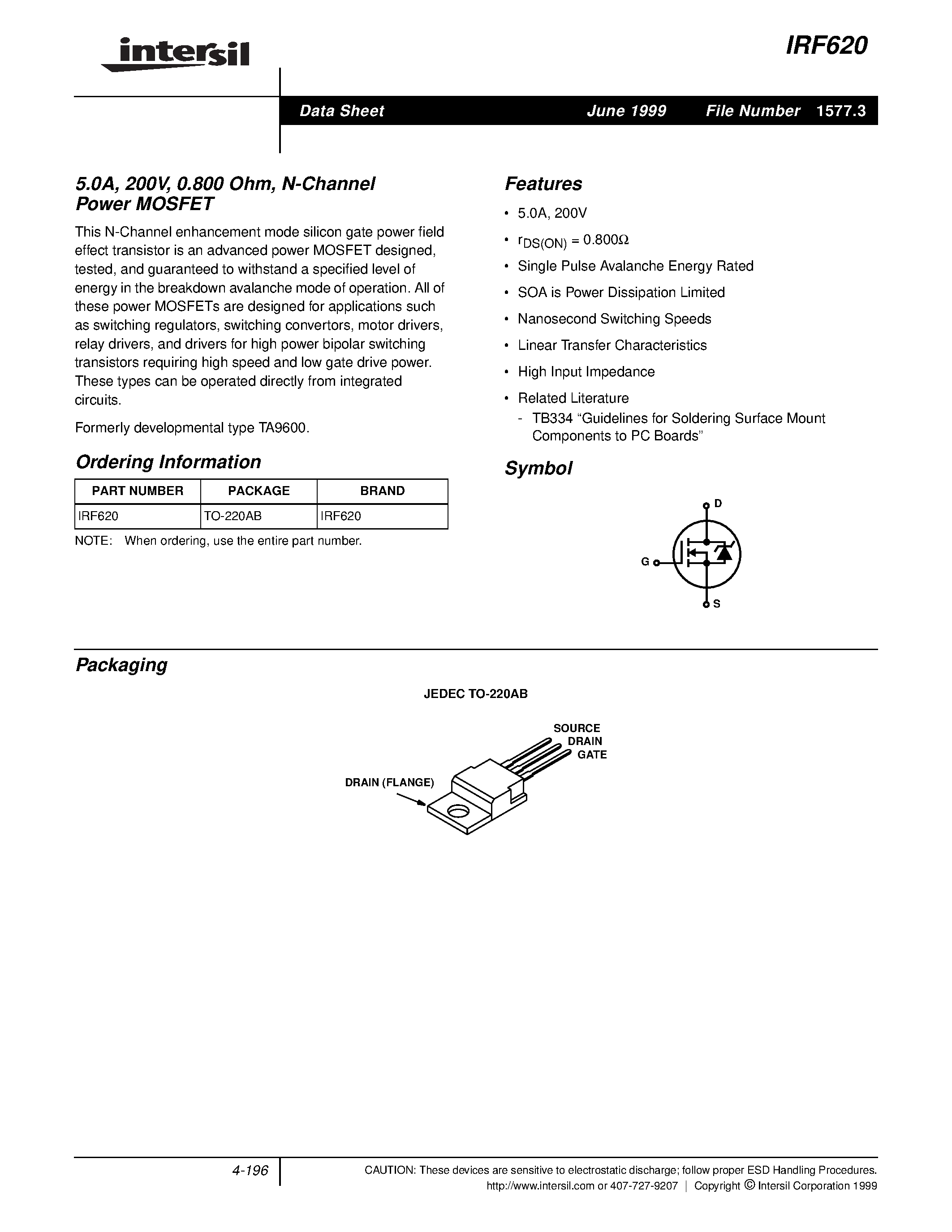Datasheet IRF620 - 5.0A/ 200V/ 0.800 Ohm/ N-Channel Power MOSFET page 1