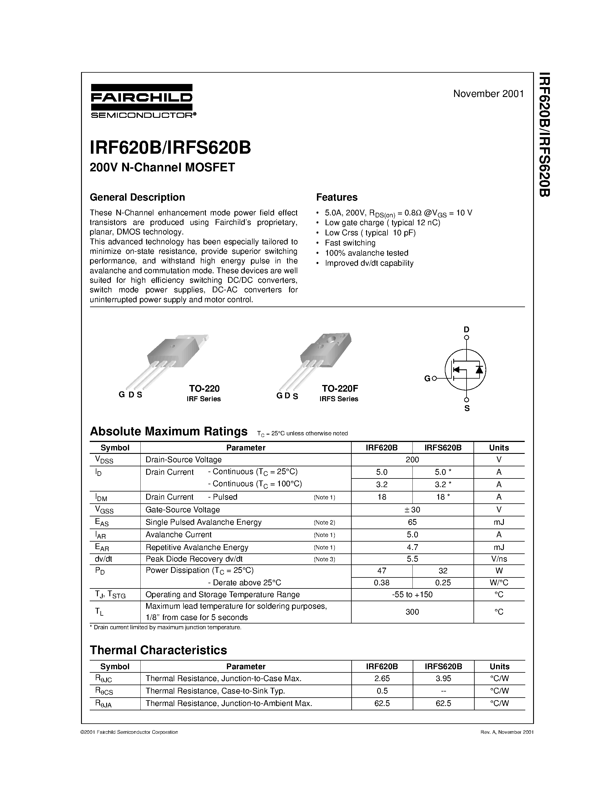 Datasheet IRF620B - 200V N-Channel MOSFET page 1