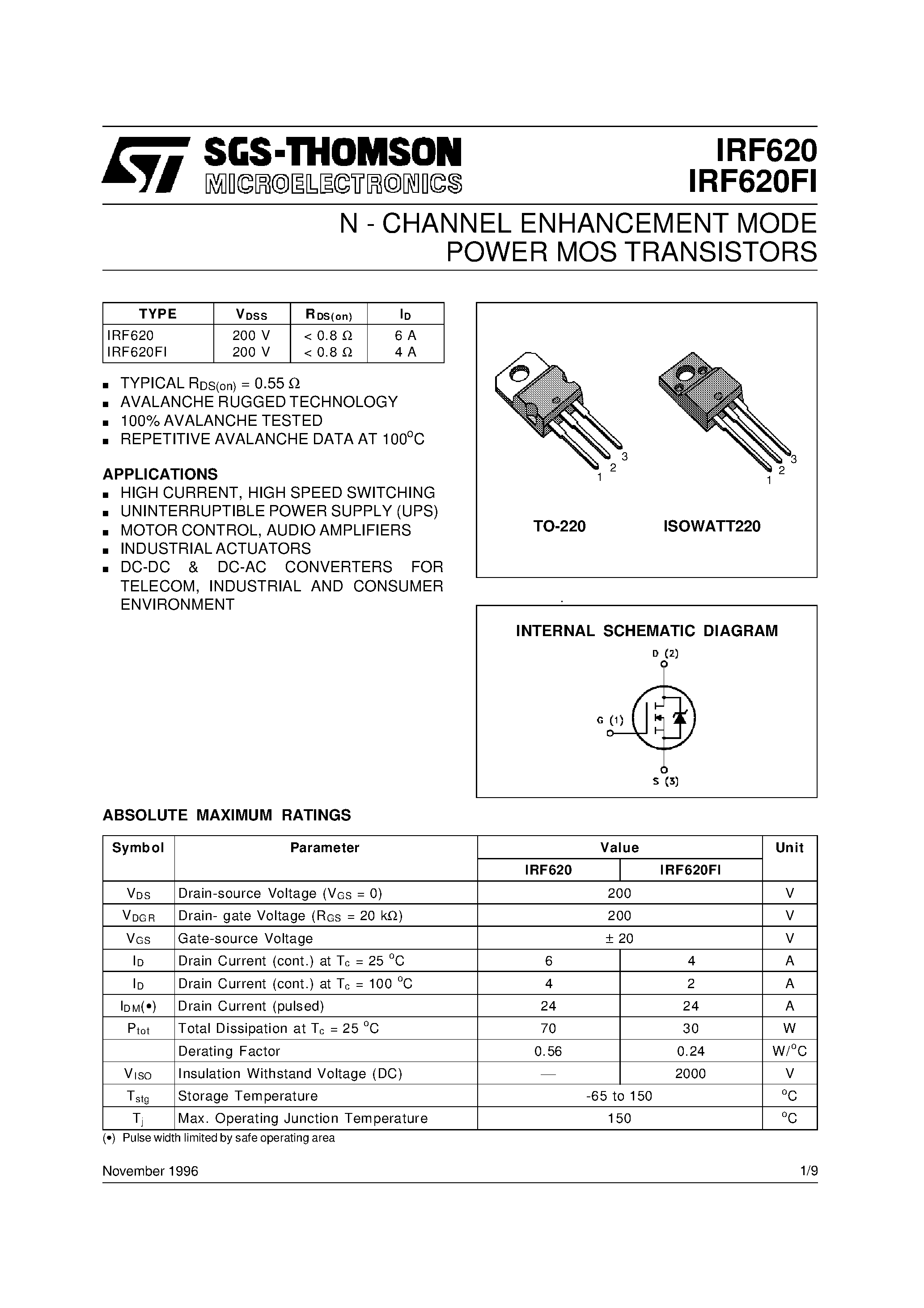 Datasheet IRF620FI page 1 Datasheet IRF620FI - N - CHANNEL ENHANCEMENT MODE POWER MOS TRANSISTORS page 1