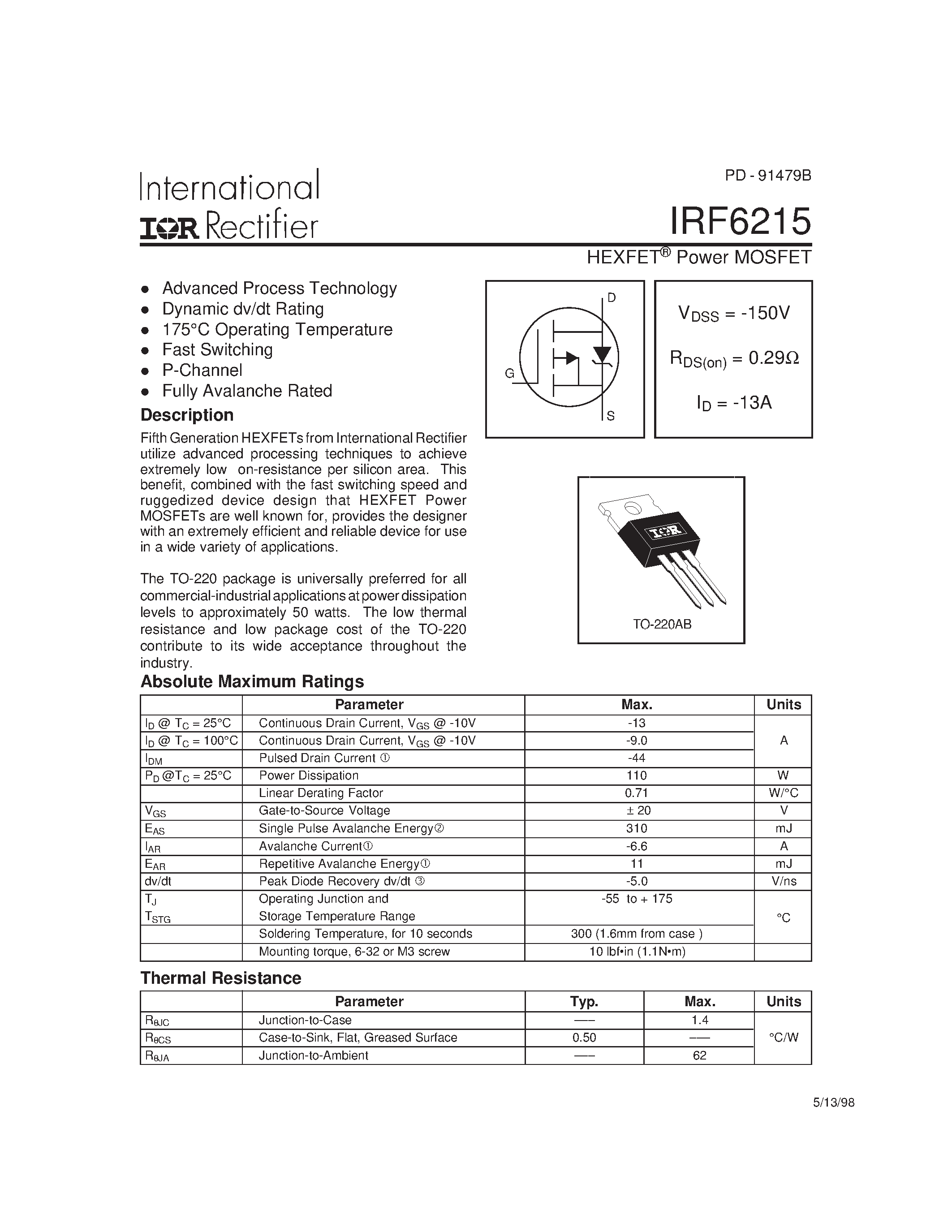 Datasheet IRF6215 - HEXFET Power MOSFET page 1