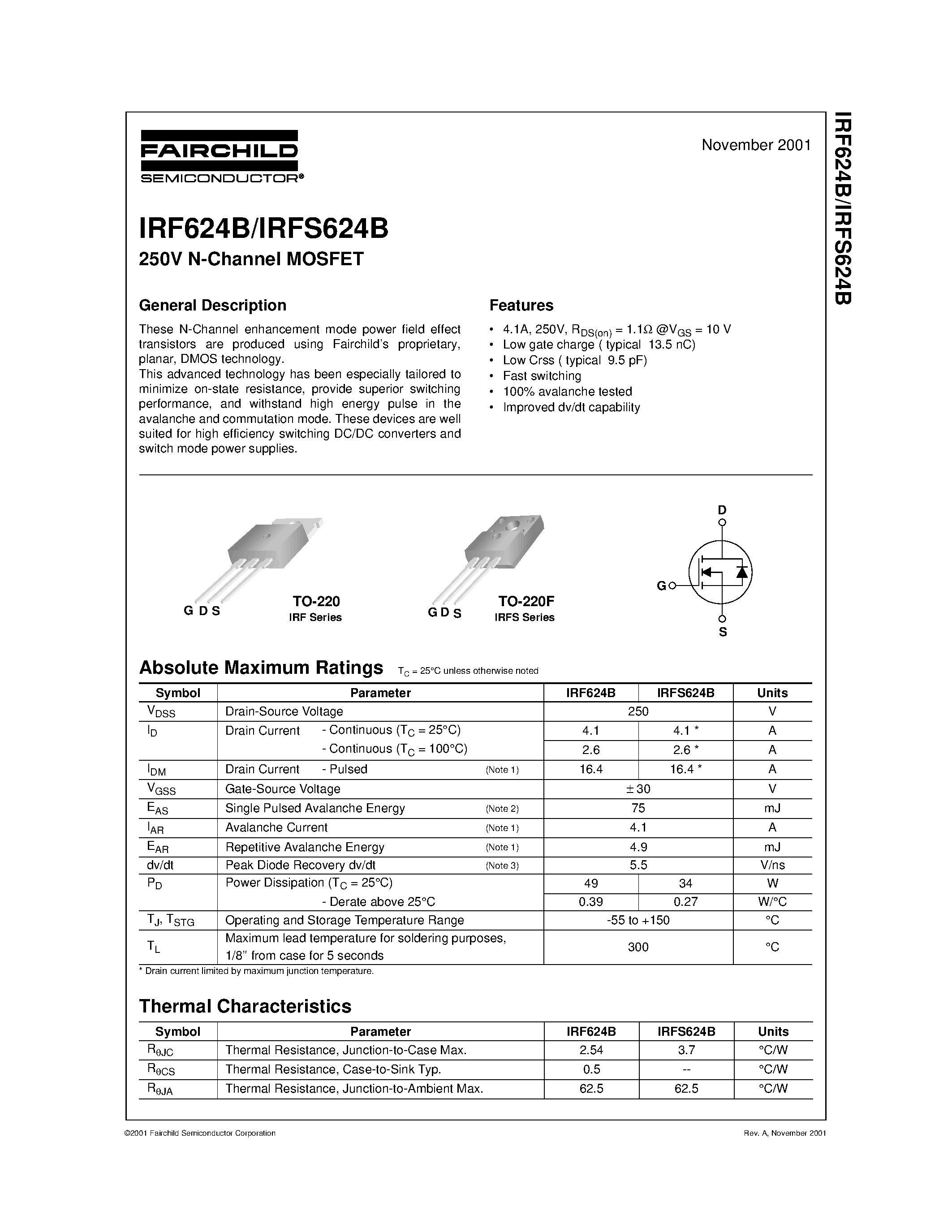 Datasheet IRF624B - 250V N-Channel MOSFET page 1