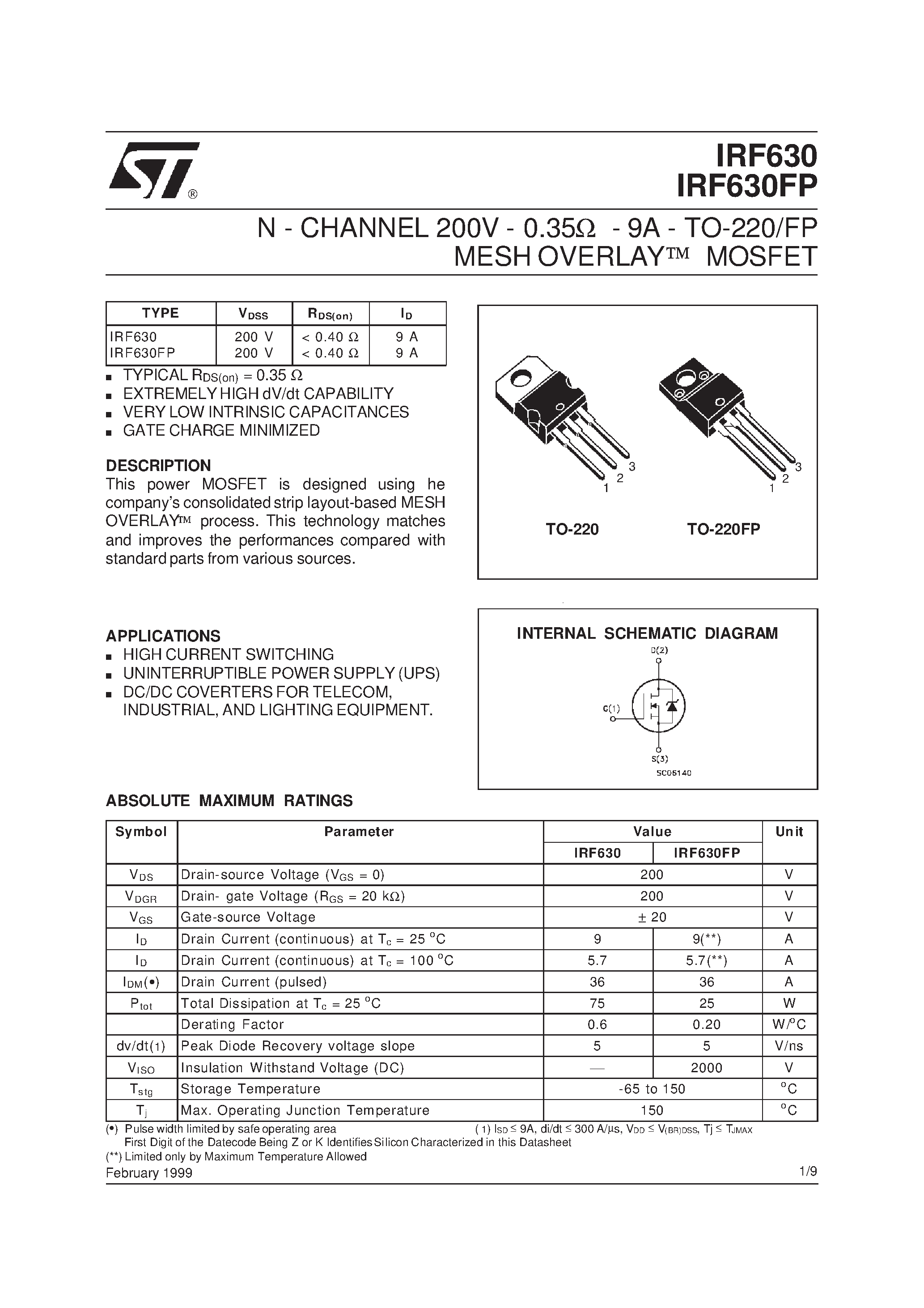 Даташит IRF630 - N - CHANNEL 200V - 0.35ihm - 9A - TO-220/FP MESH OVERLAY] MOSFET страница 1