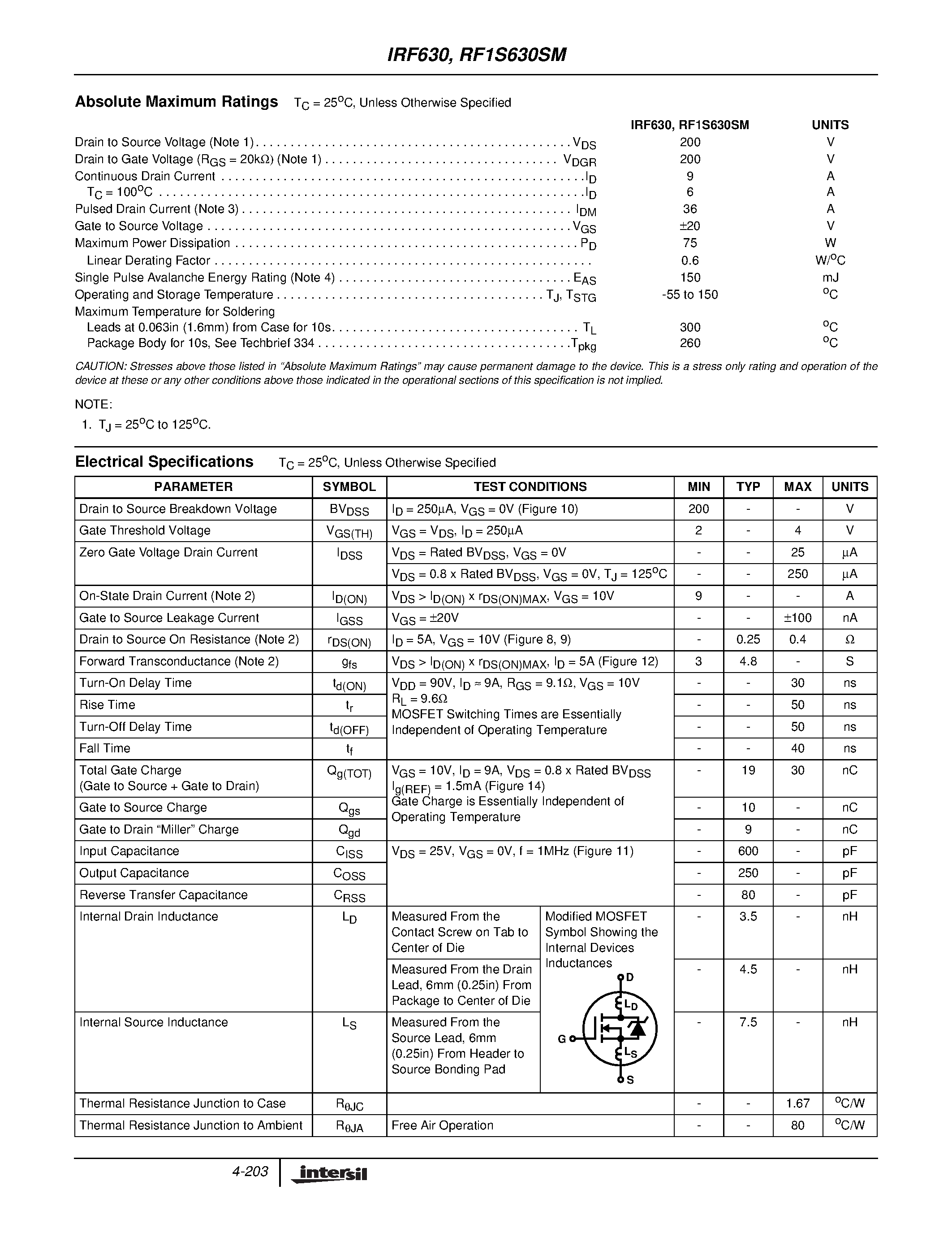 Datasheet IRF630 - 9A/ 200V/ 0.400 Ohm/ N-Channel Power MOSFETs page 2