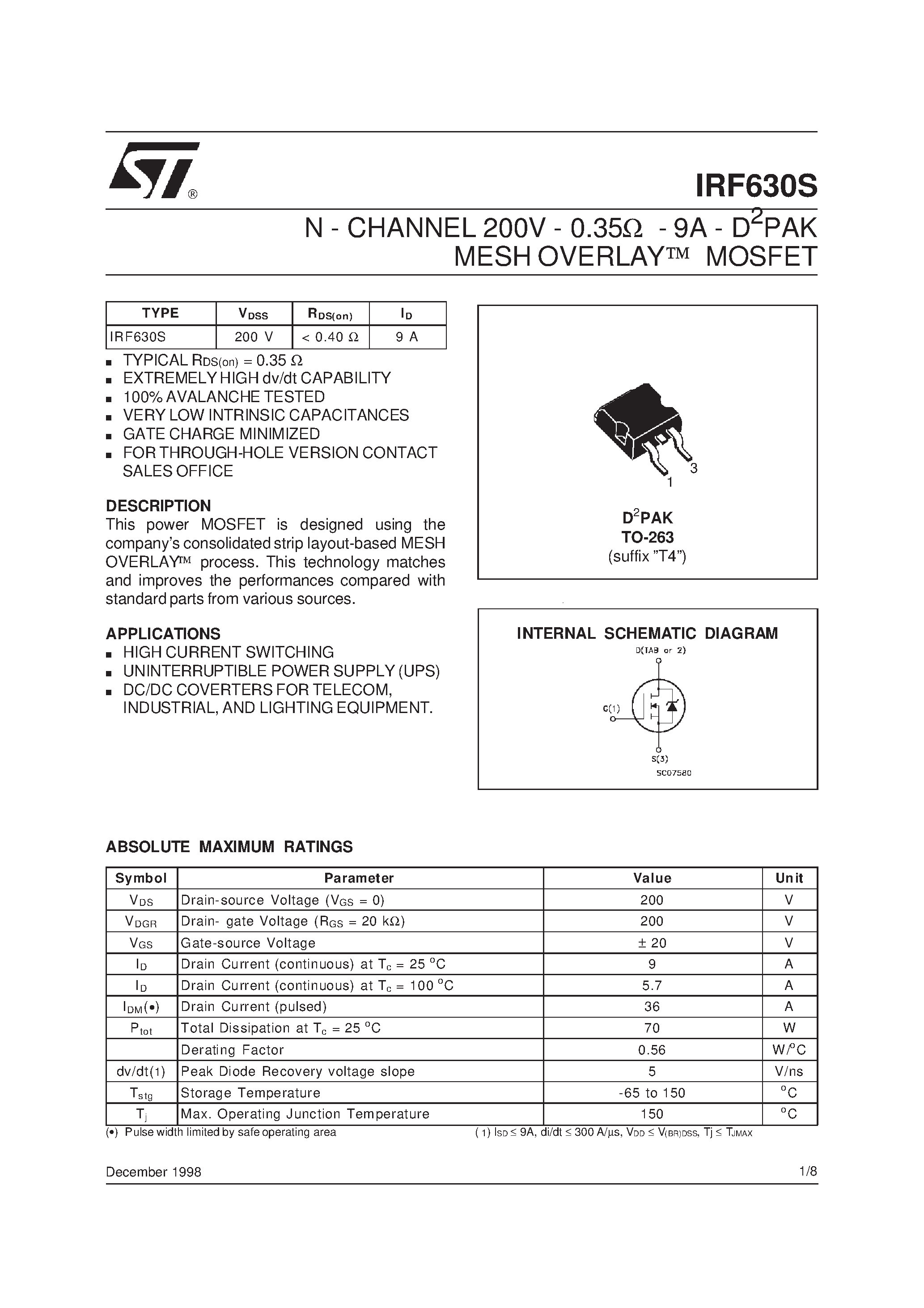 Datasheet IRF630S - N - CHANNEL 200V - 0.35ohm - 9A - D2PAK MESH OVERLAY] MOSFET page 1