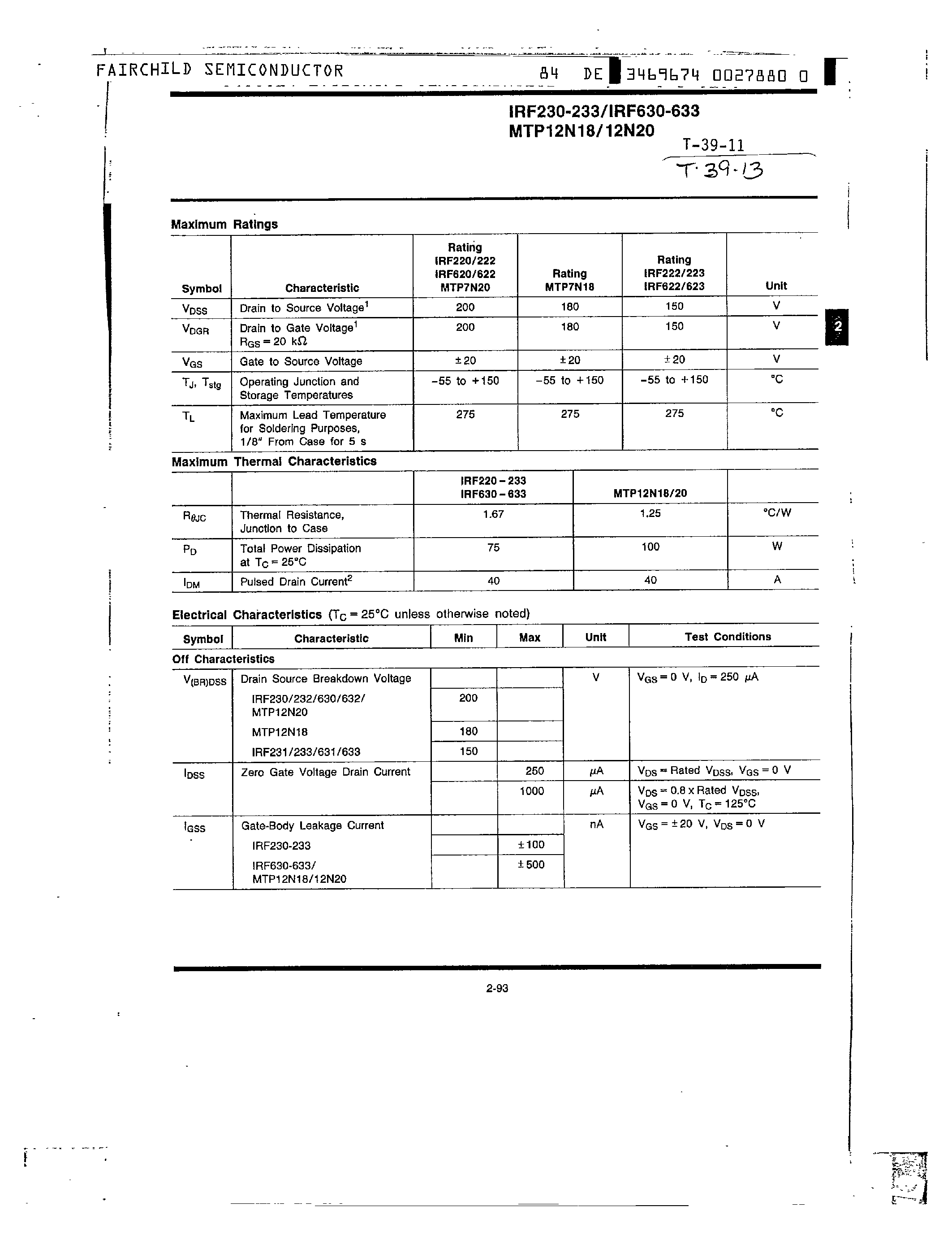 Datasheet IRF632 page 2 Datasheet IRF632 - N-Channel Power MOSFETs/ 12A/ 150-200 V page 2