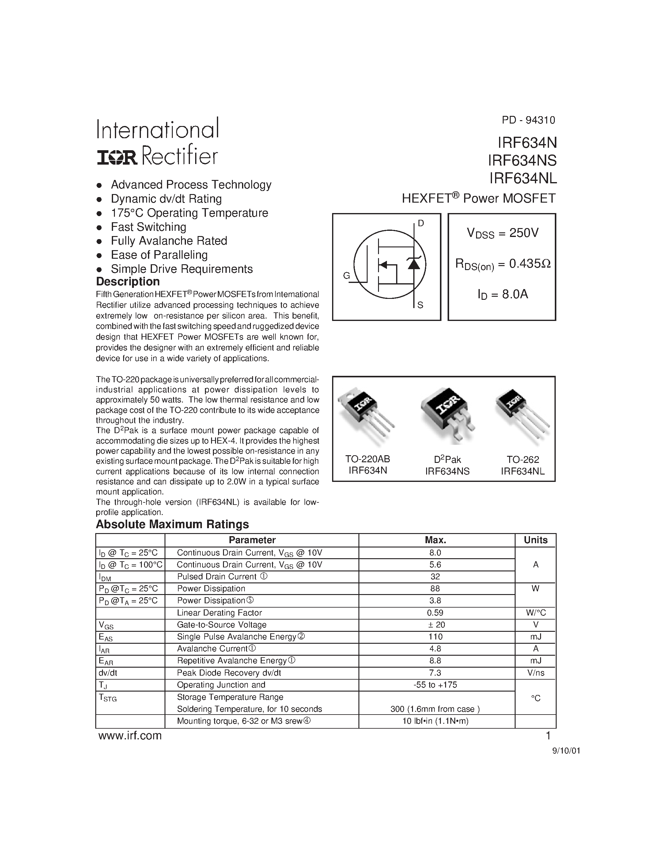 Datasheet IRF634NS - Power MOSFET(Vdss=250V/ Rds(on)=0.435ohm/ Id=8.0A) page 1