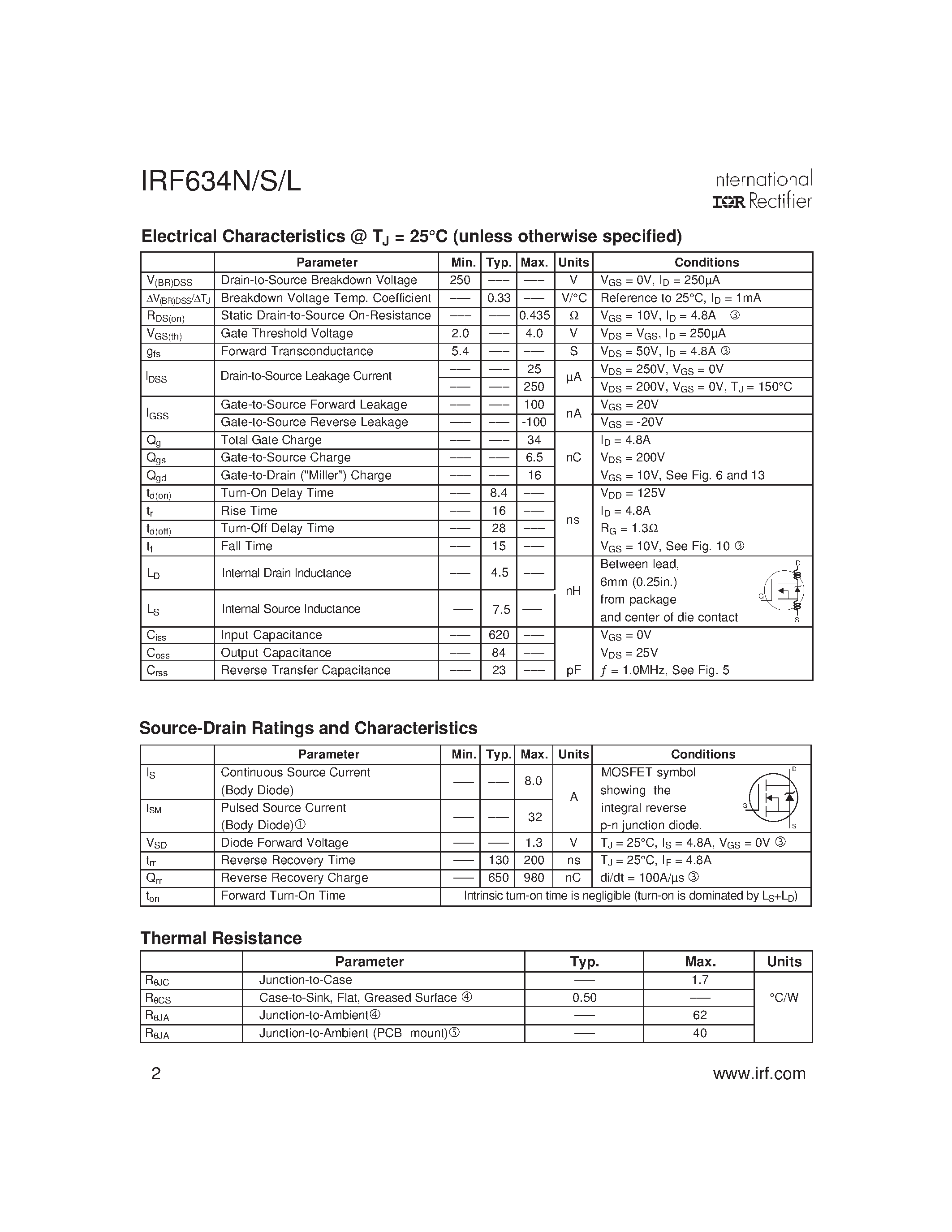 Datasheet IRF634NS - Power MOSFET(Vdss=250V/ Rds(on)=0.435ohm/ Id=8.0A) page 2