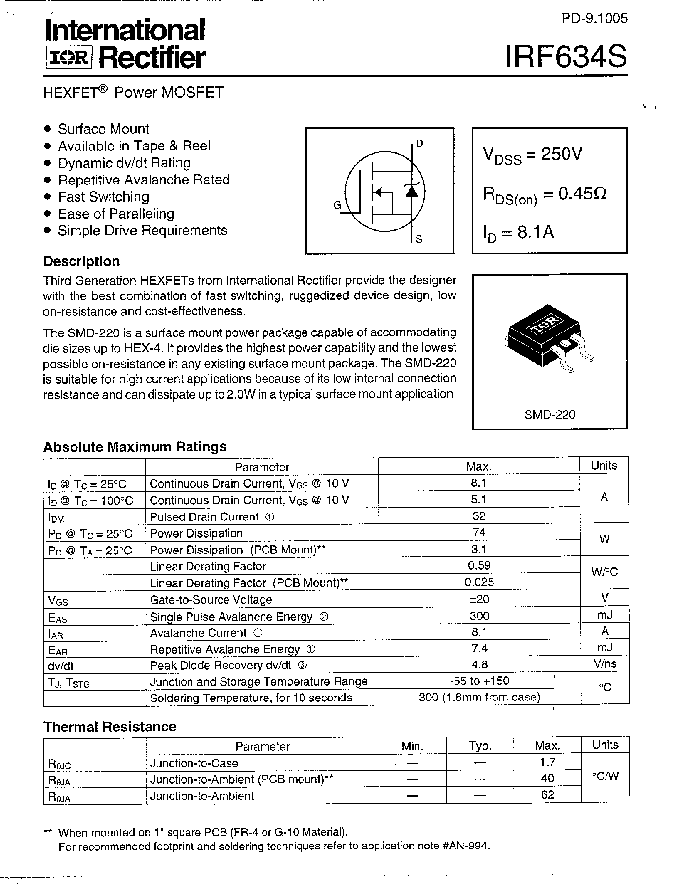 Datasheet IRF634S - Power MOSFET(Vdss=250V/ Rds(on)=0.45ohm/ Id=8.1A) page 1