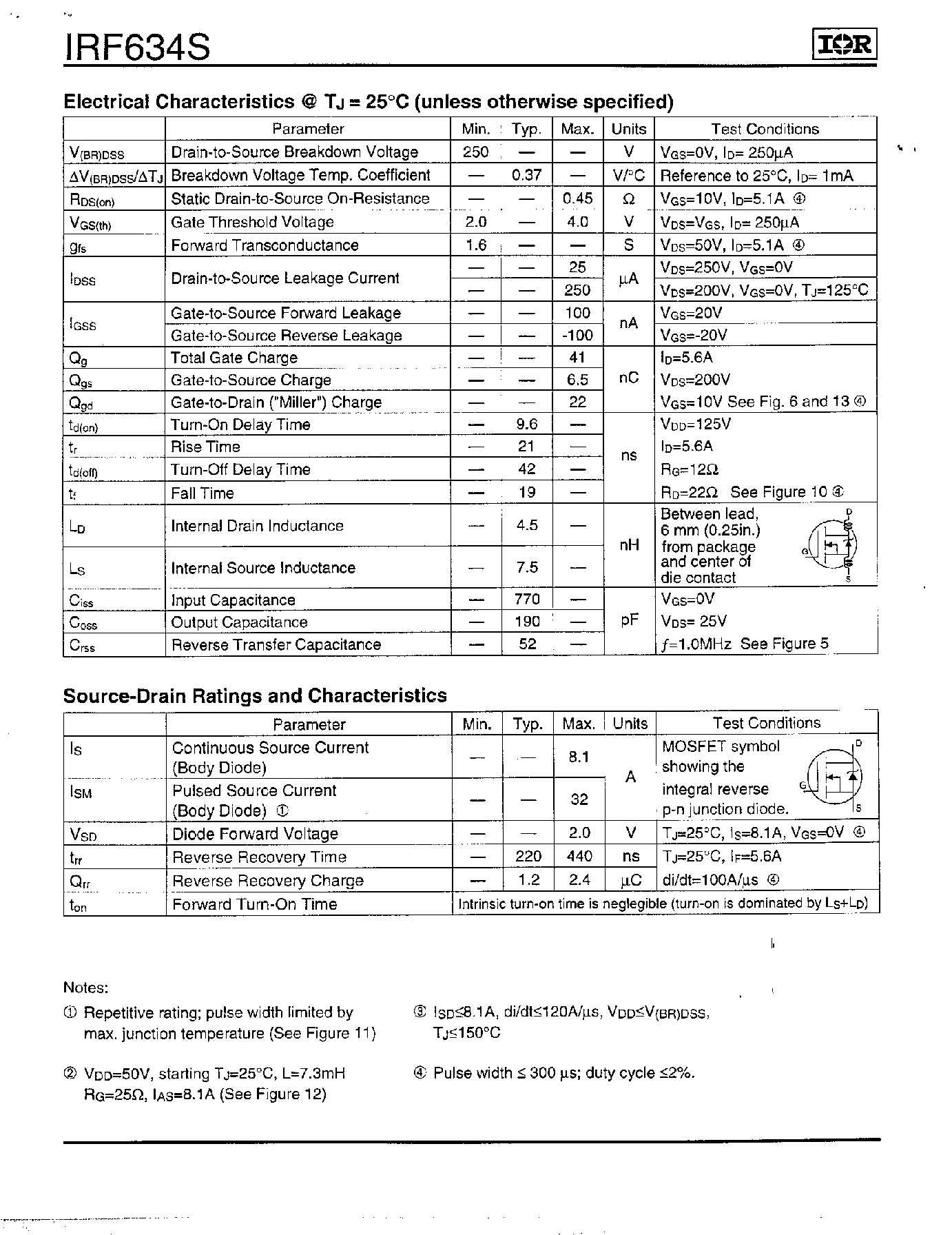 Datasheet IRF634S - Power MOSFET(Vdss=250V/ Rds(on)=0.45ohm/ Id=8.1A) page 2