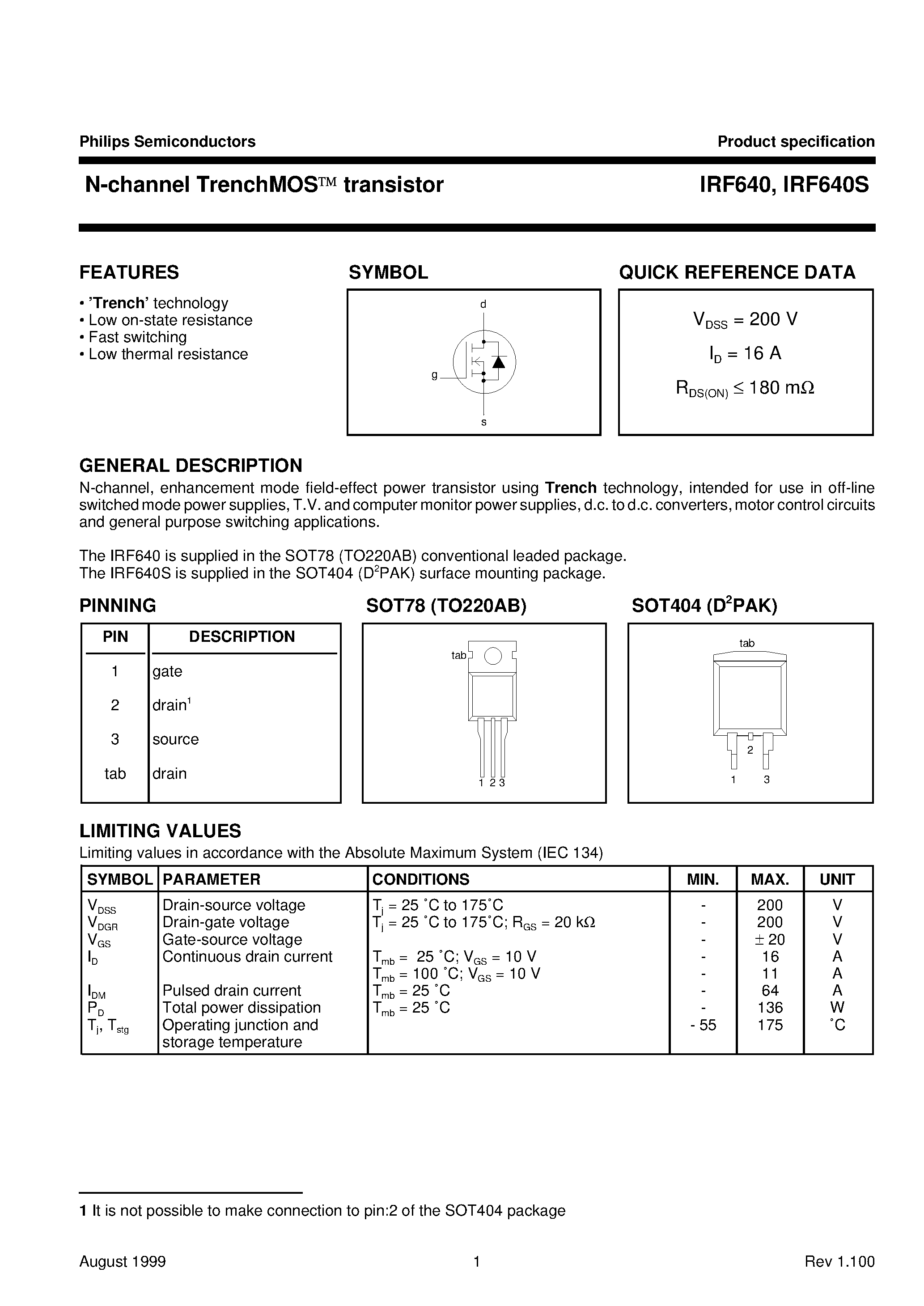 Datasheet IRF640 - N-channel TrenchMOS transistor page 1