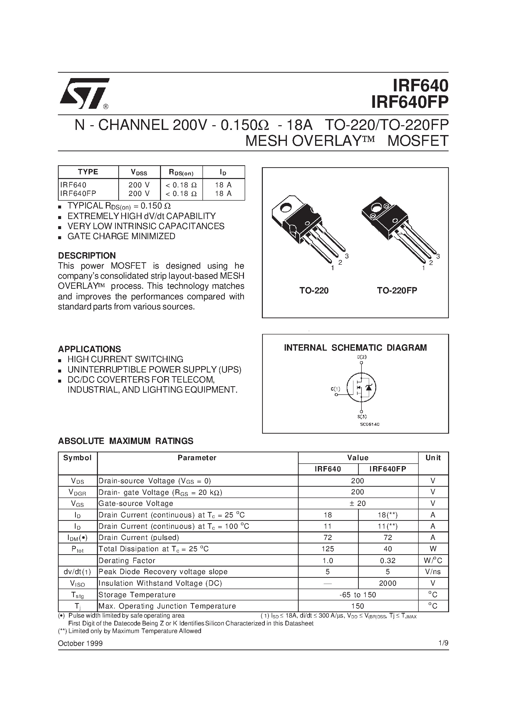 Datasheet IRF640 - N - CHANNEL 200V - 0.150ohm - 18A TO-220/TO-220FP MESH OVERLAY] MOSFET page 1
