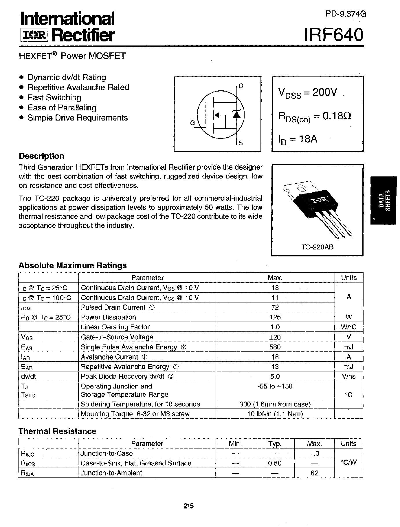Datasheet IRF640 - Power MOSFET(Vdss=200V/ Rds(on)=0.18ohm/ Id=18A) page 1