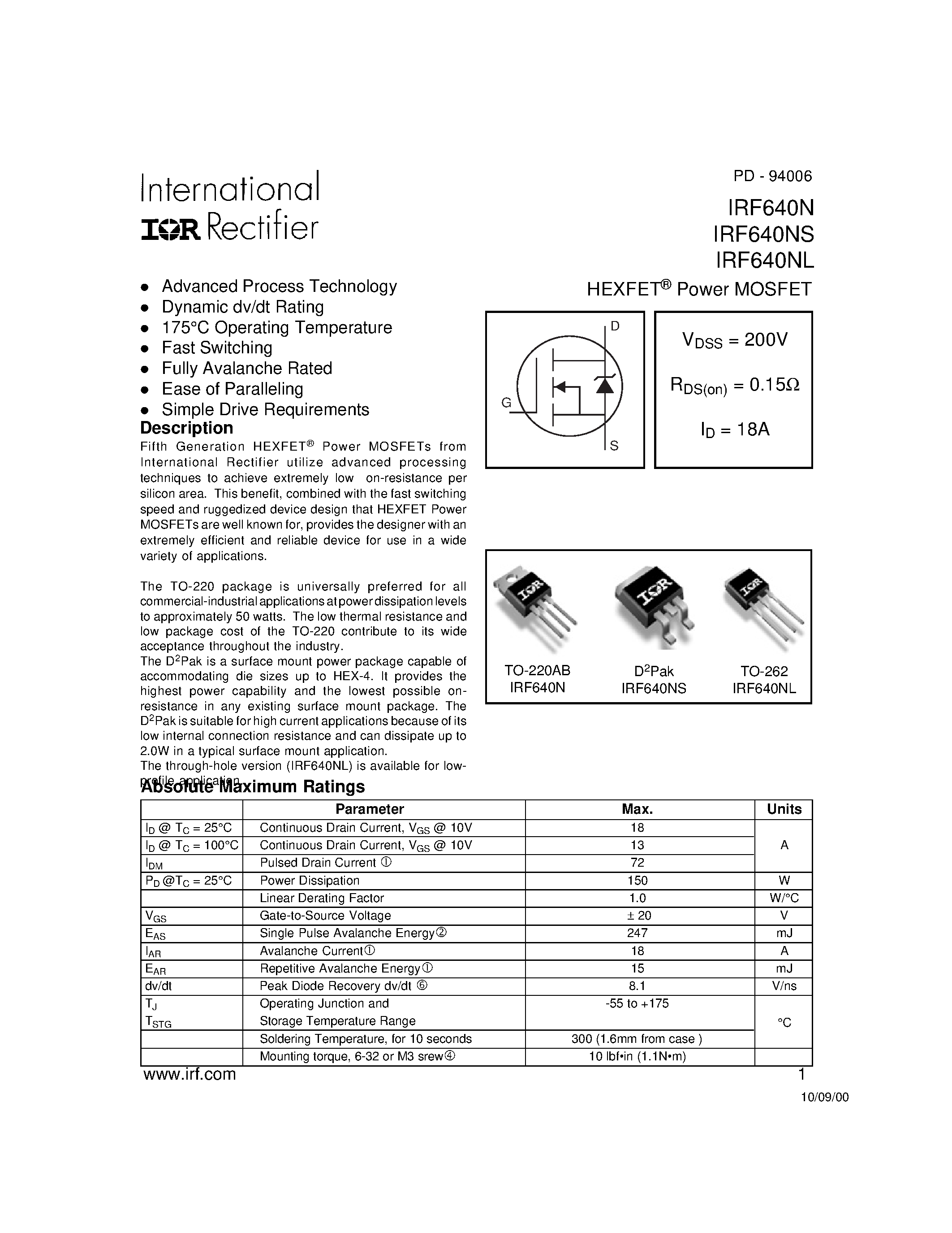 Даташит на микросхему IRF640N страница 1 Даташит IRF640N - Power MOSFET(Vdss=200V/ Rds(on)=0.15ohm/ Id=18A) страница 1