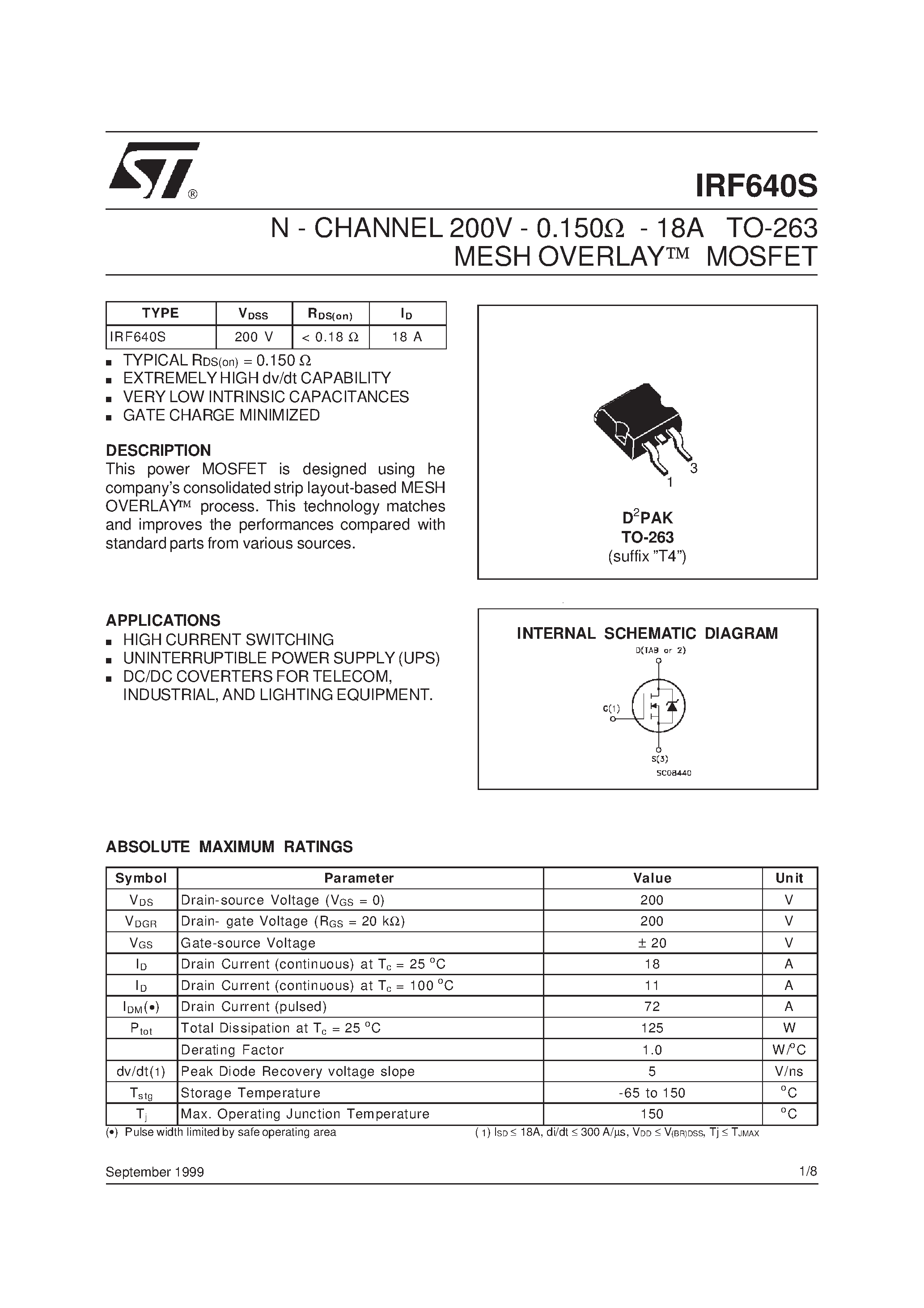 Datasheet IRF640S - N - CHANNEL 200V - 0.150ohm - 18A TO-263 MESH OVERLAY] MOSFET page 1