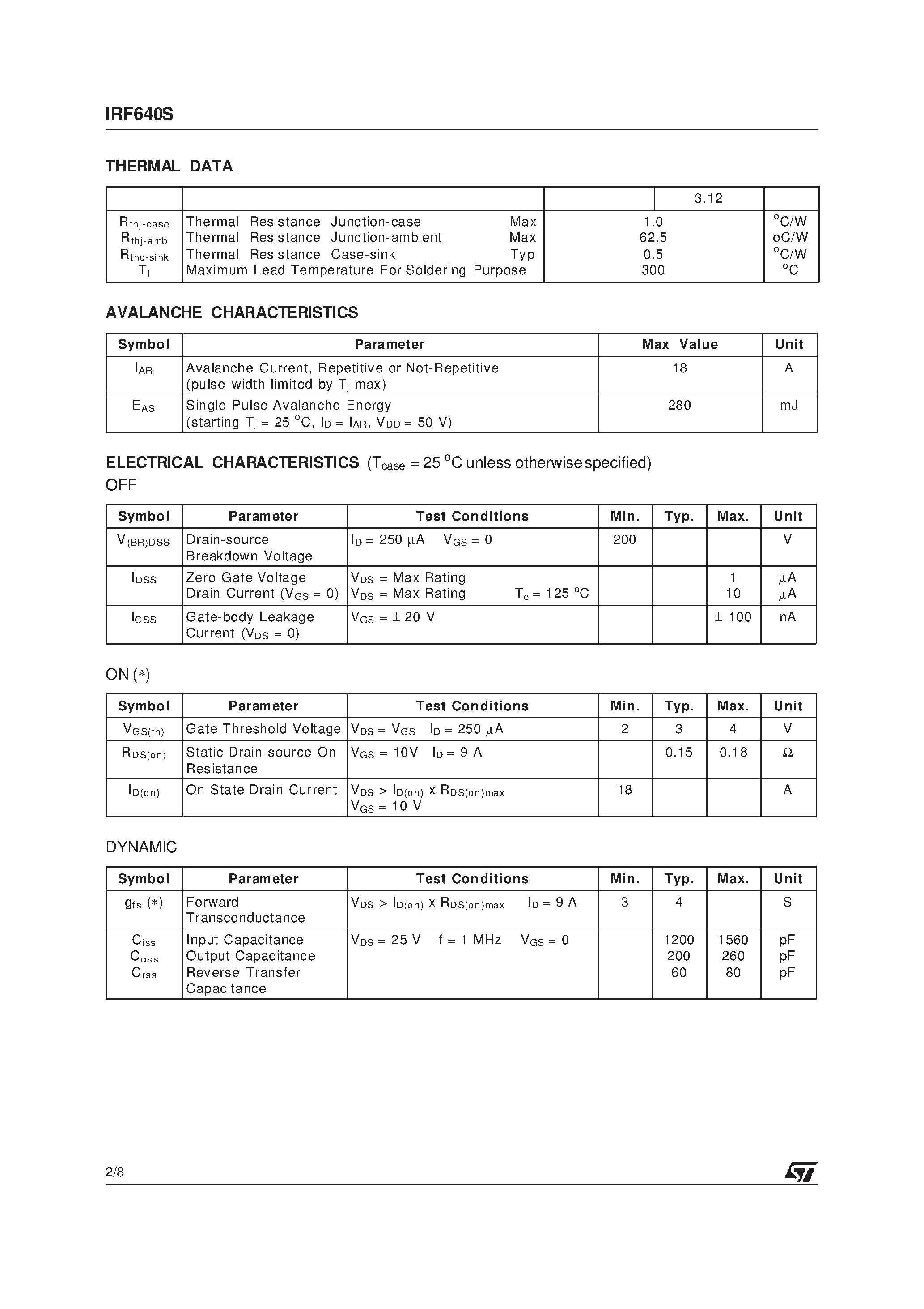 Datasheet IRF640S - N - CHANNEL 200V - 0.150ohm - 18A TO-263 MESH OVERLAY] MOSFET page 2