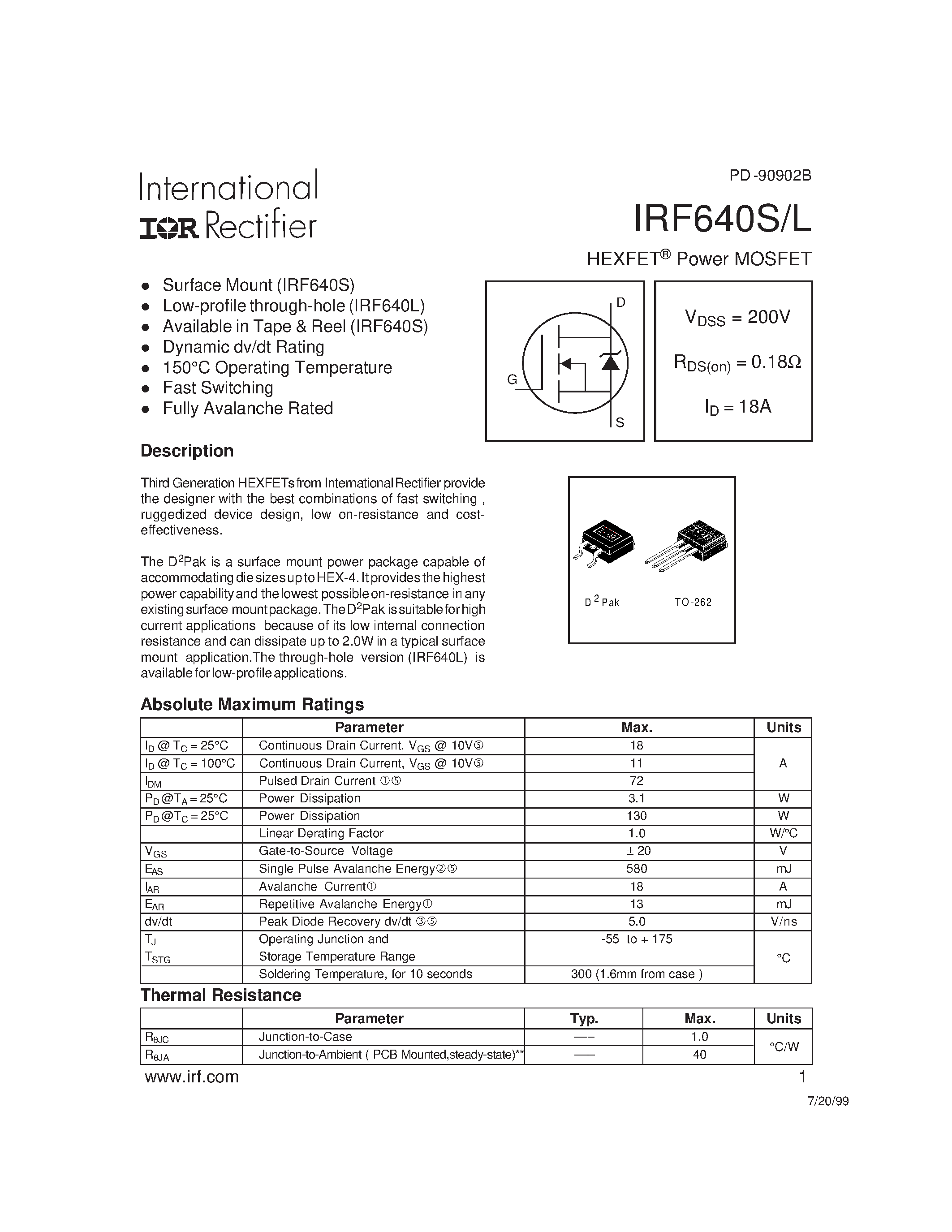 Datasheet IRF640S page 1 Datasheet IRF640S - Power MOSFET(Vdss=200V/ Rds(on)=0.18ohm/ Id=18A) page 1