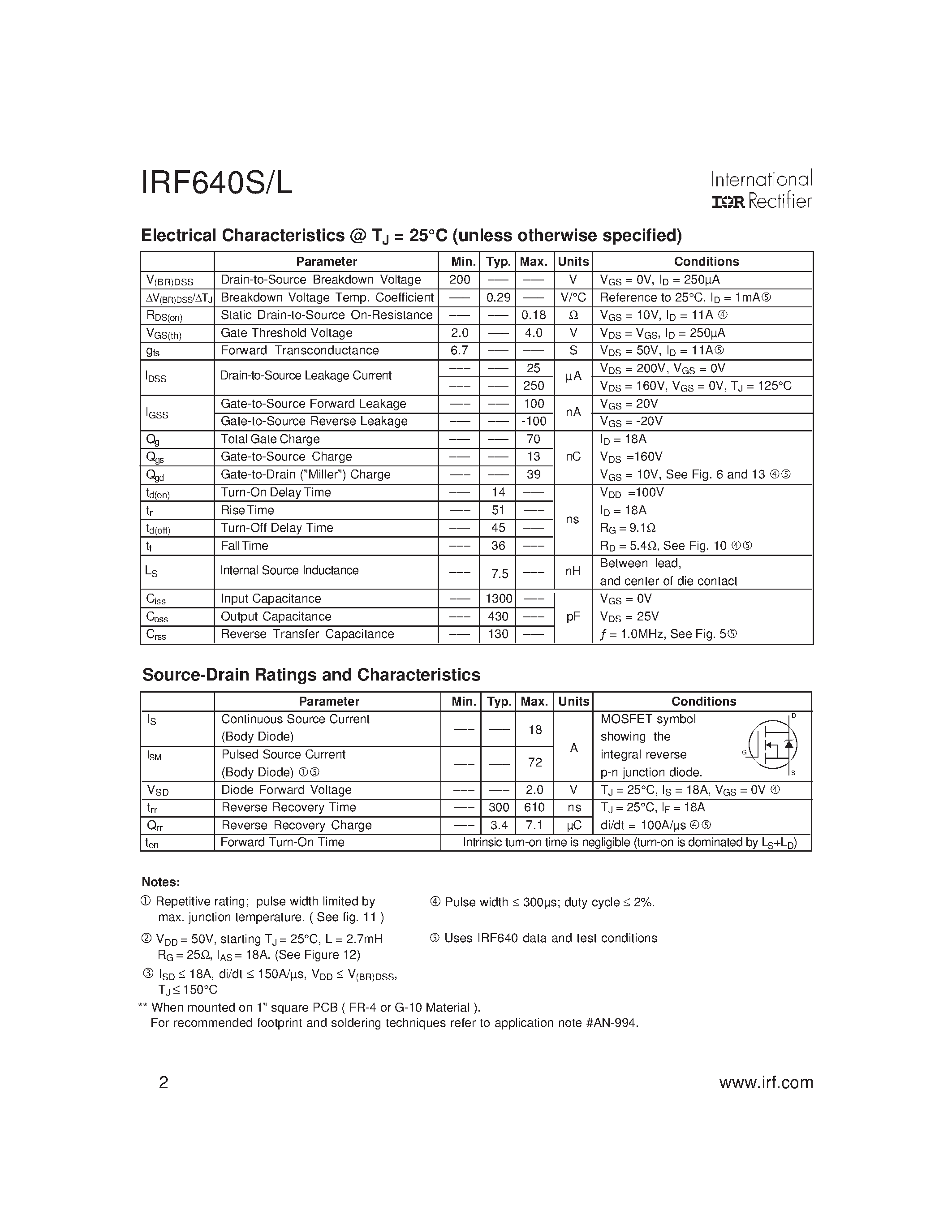 Datasheet IRF640S page 2 Datasheet IRF640S - Power MOSFET(Vdss=200V/ Rds(on)=0.18ohm/ Id=18A) page 2