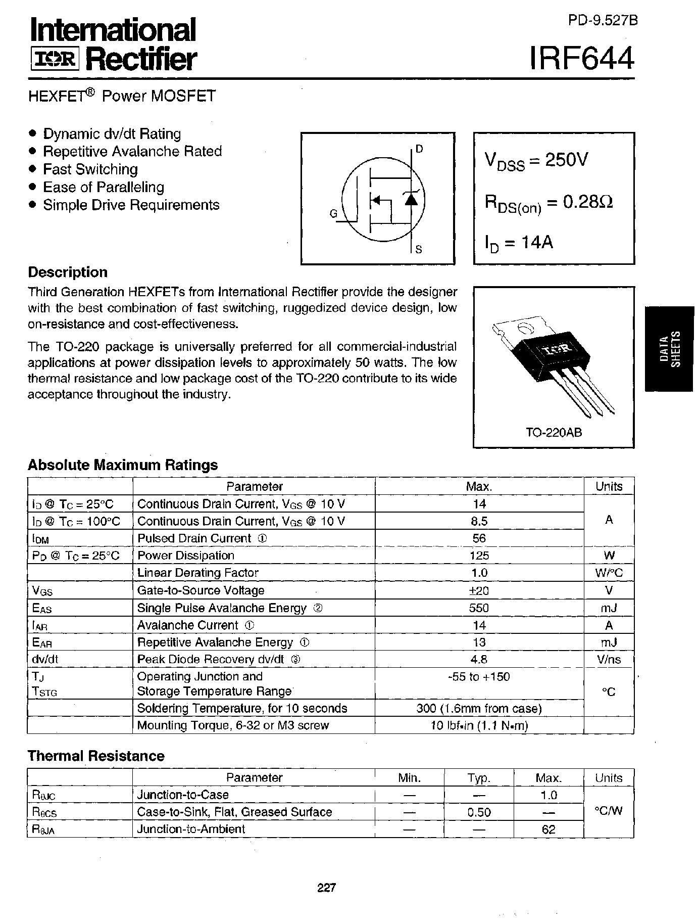 Datasheet IRF644 - Power MOSFET(Vdss=250V/ Rds(on)=240mohm/ Id=14A) page 1