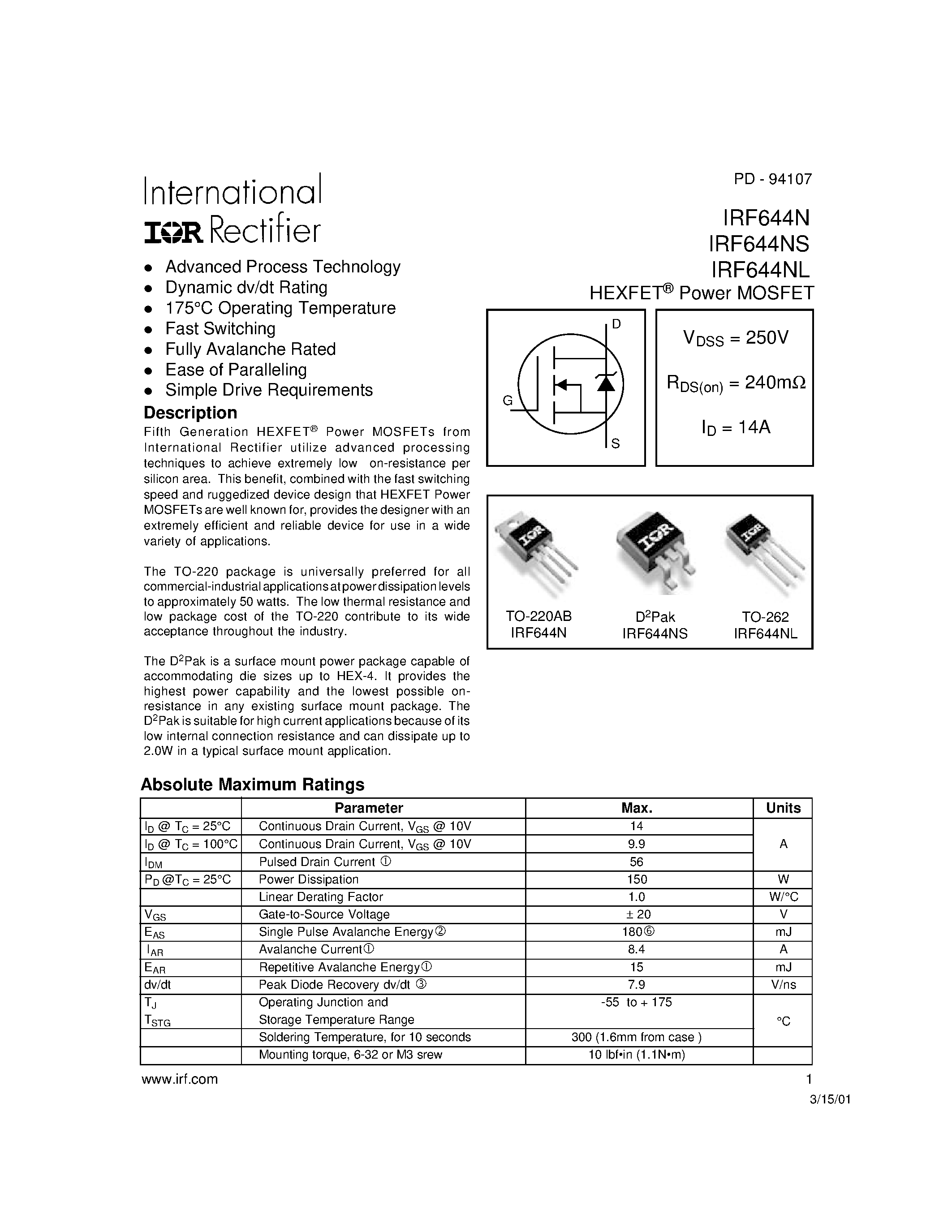 Datasheet IRF644NL - Power MOSFET(Vdss=250V/ Rds(on)=240mohm/ Id=14A) page 1