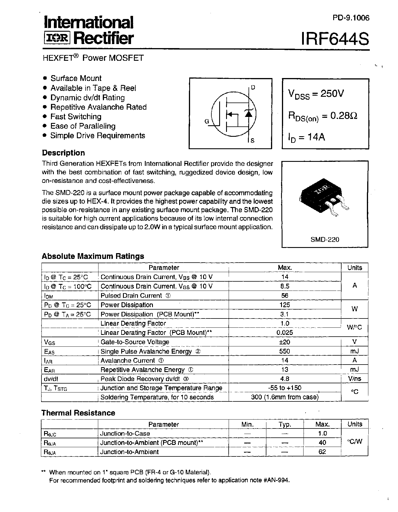 Datasheet IRF644S - Power MOSFET(Vdss=250V/ Rds(on)=0.28ohm/ Id=14A) page 1