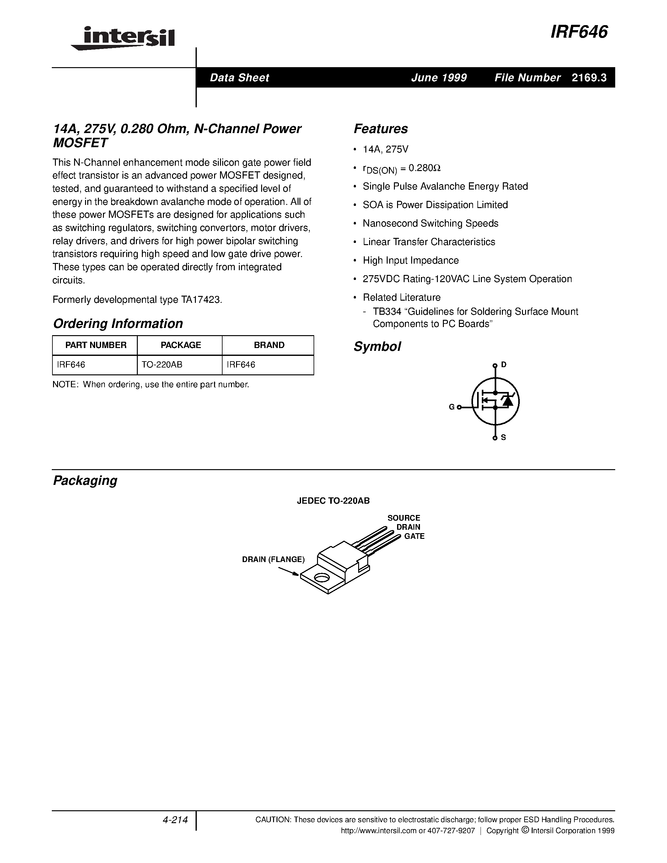Datasheet IRF646 - 14A/ 275V/ 0.280 Ohm/ N-Channel Power MOSFET page 1