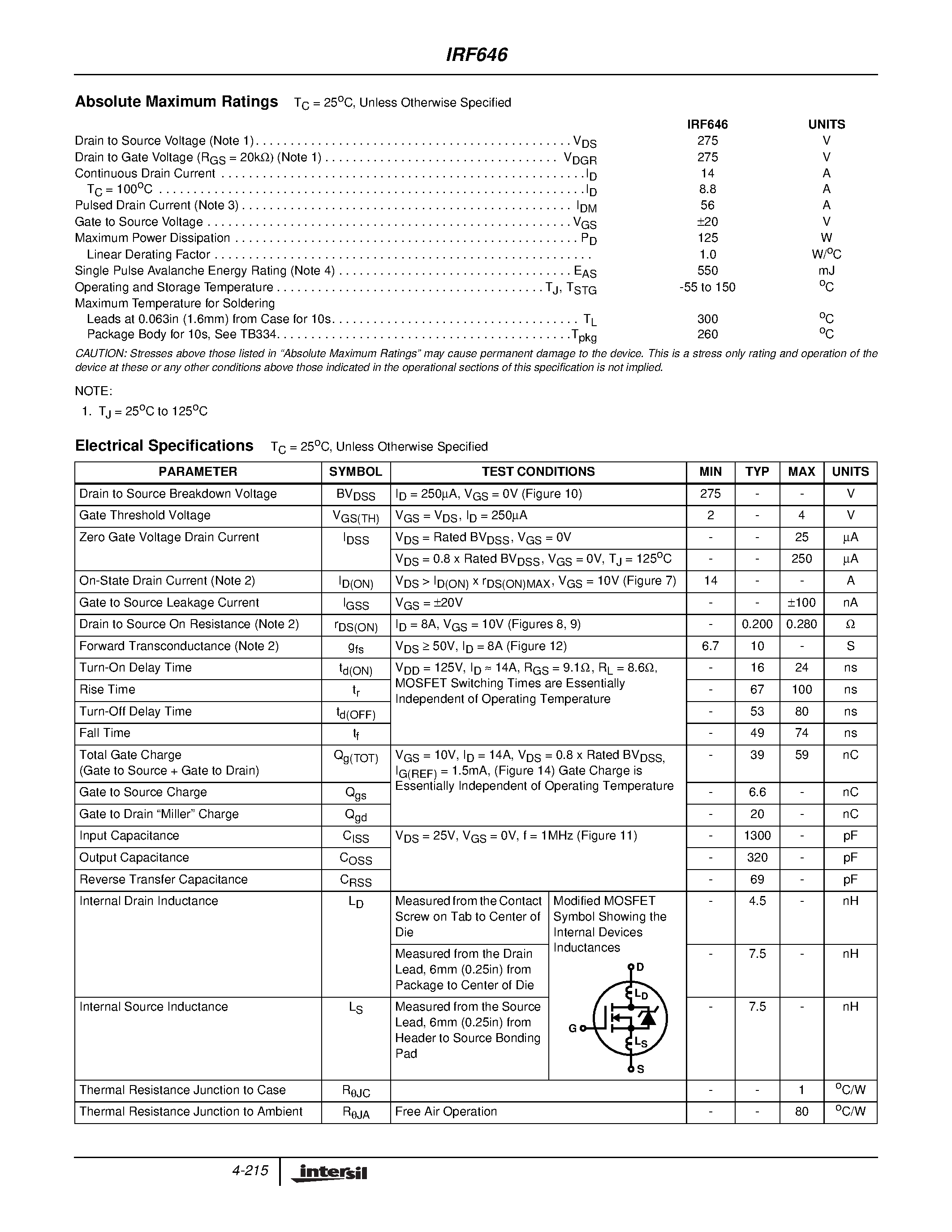 Datasheet IRF646 - 14A/ 275V/ 0.280 Ohm/ N-Channel Power MOSFET page 2